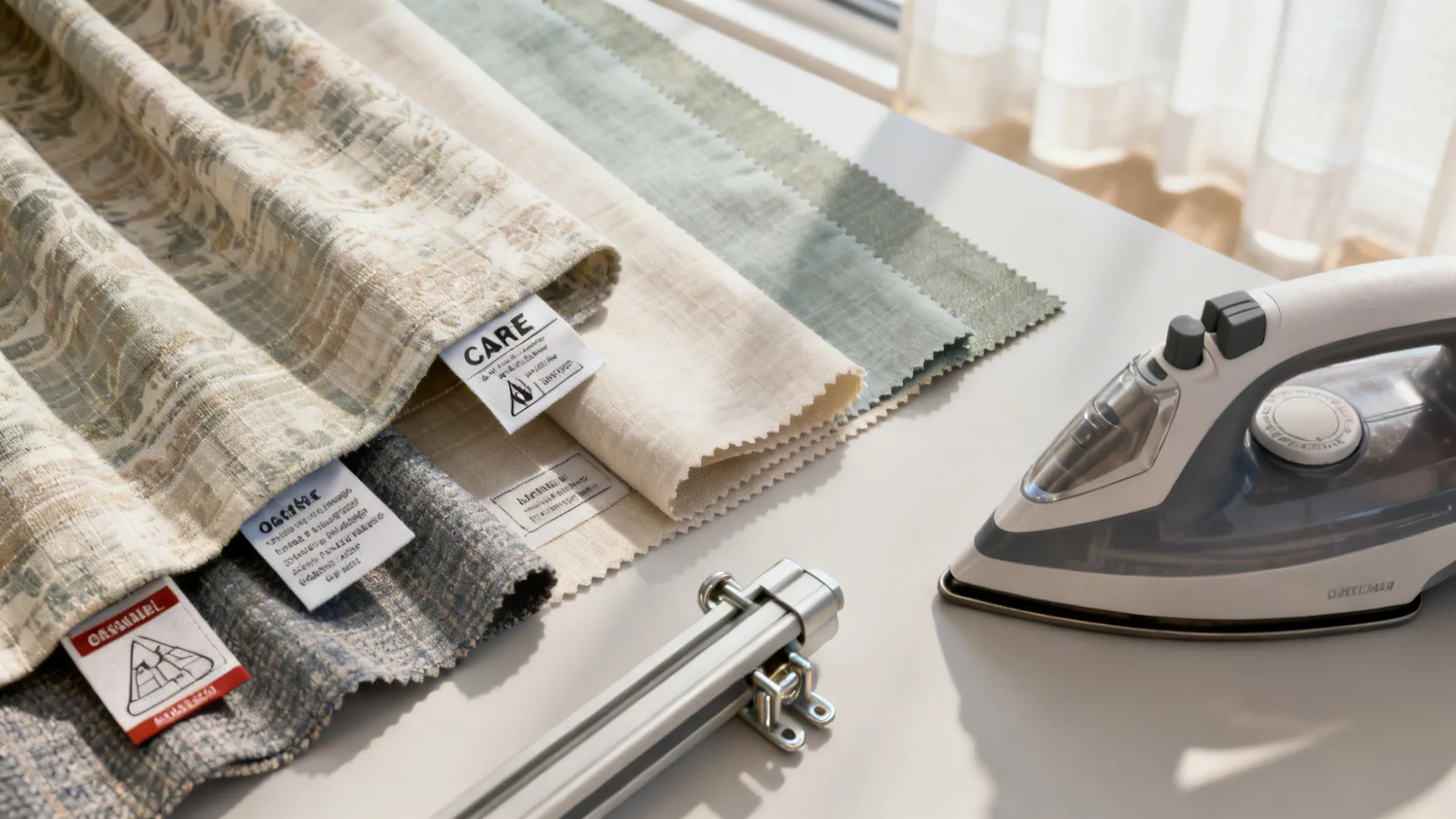 Care labels, steamer and removable track hardware next to curtain fabric swatches for kitchen maintenance