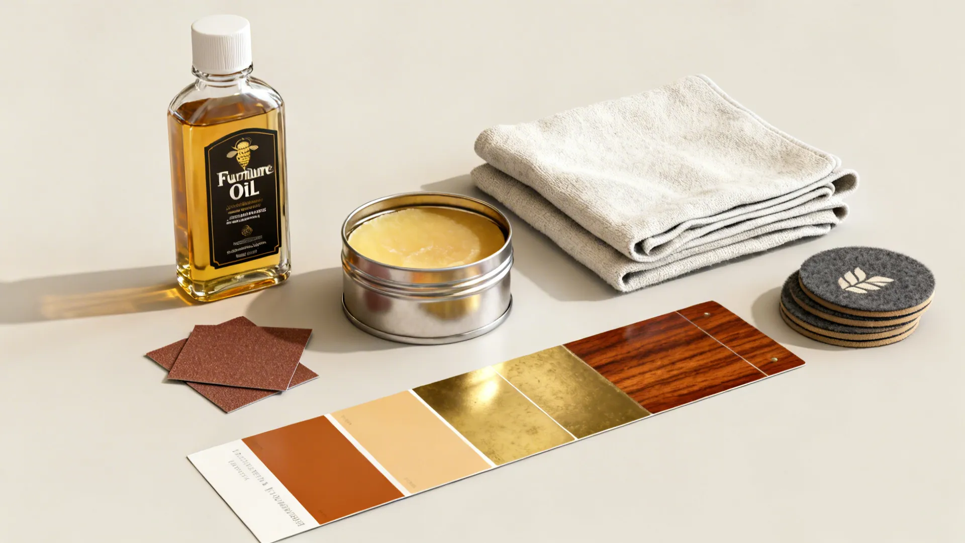 furniture oil bottle with wax tin plus folded cloth and color samples for wood care