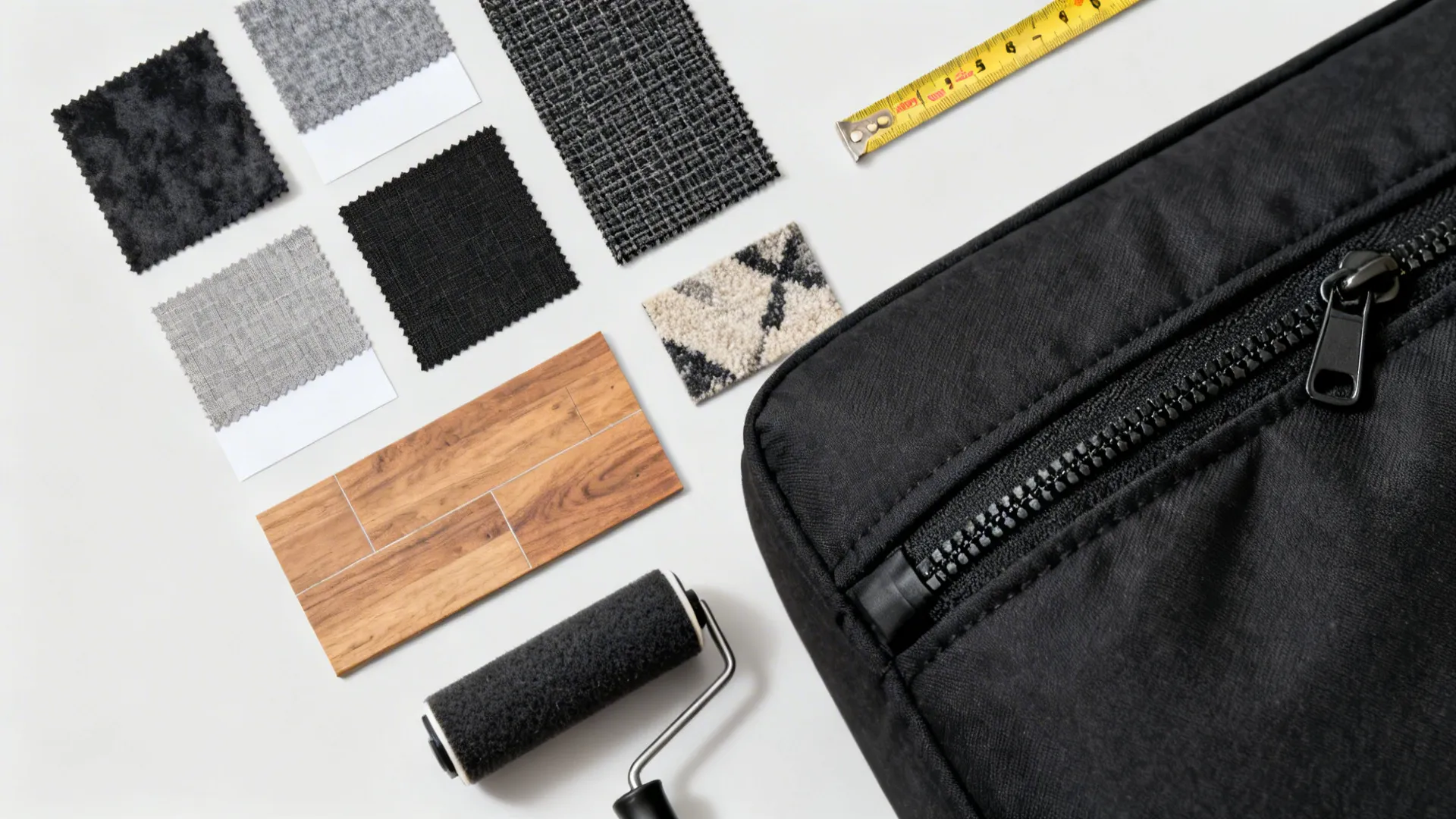 Flatlay of fabric swatches, measuring tape, rug sample and lint roller for sectional planning.