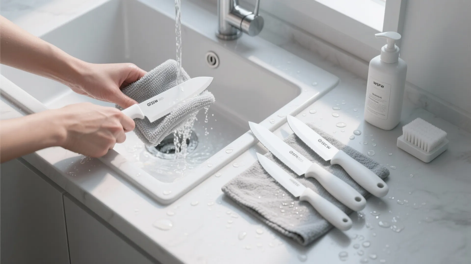 Top-down view of hand-washing and drying white-handled knives with a microfiber cloth.