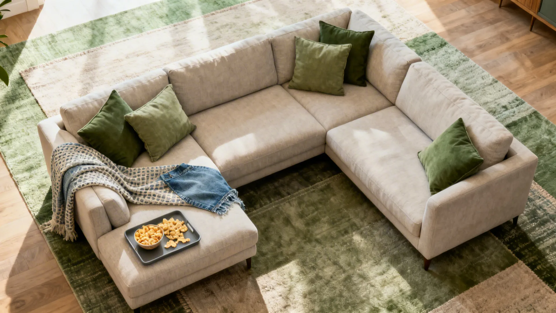 Overhead view of an L-shaped sectional with throw, tray, and layered rugs for daily care.