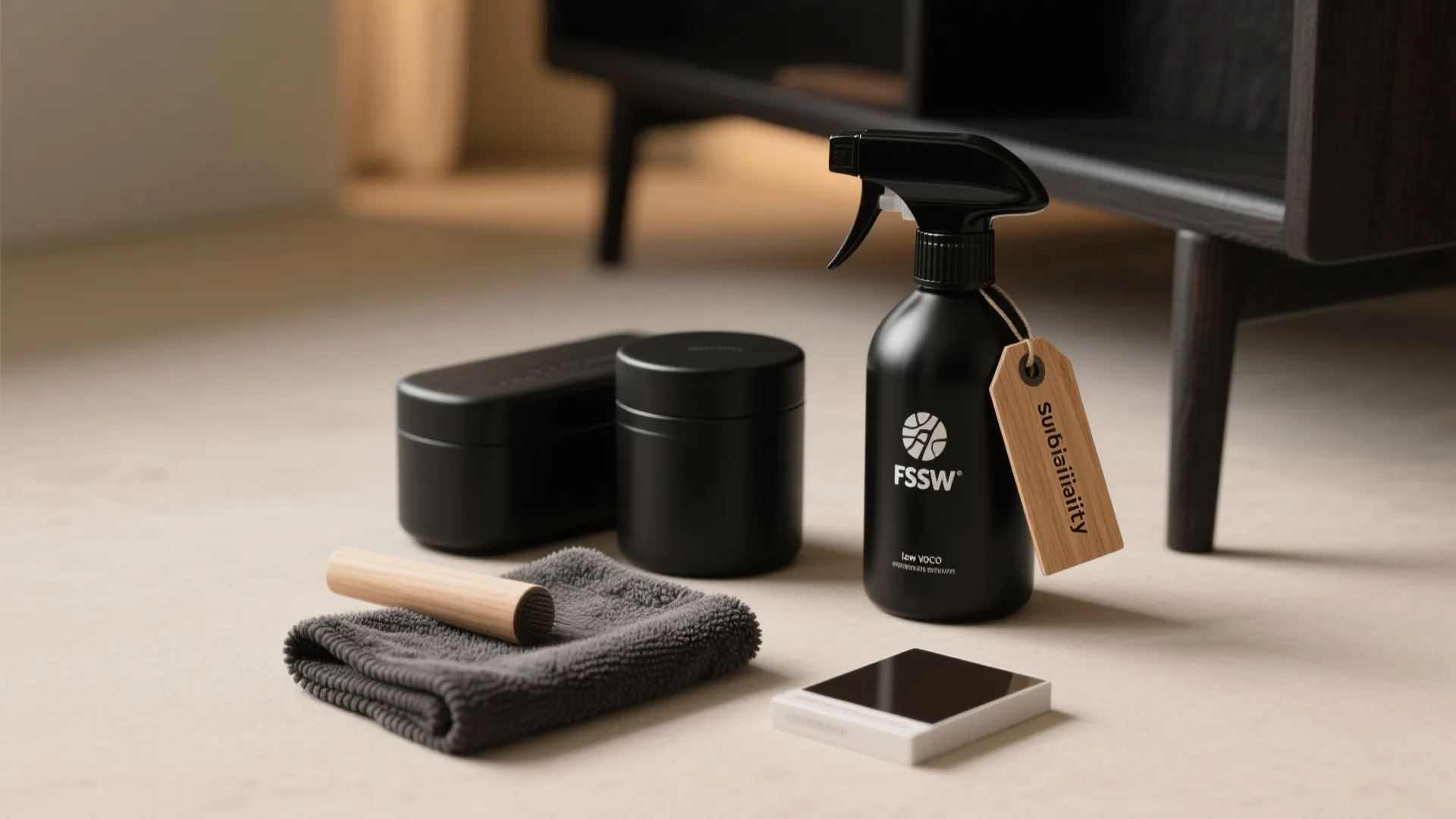 Cleaning kit for furniture with black spray bottle and grey cloth placed on a light floor