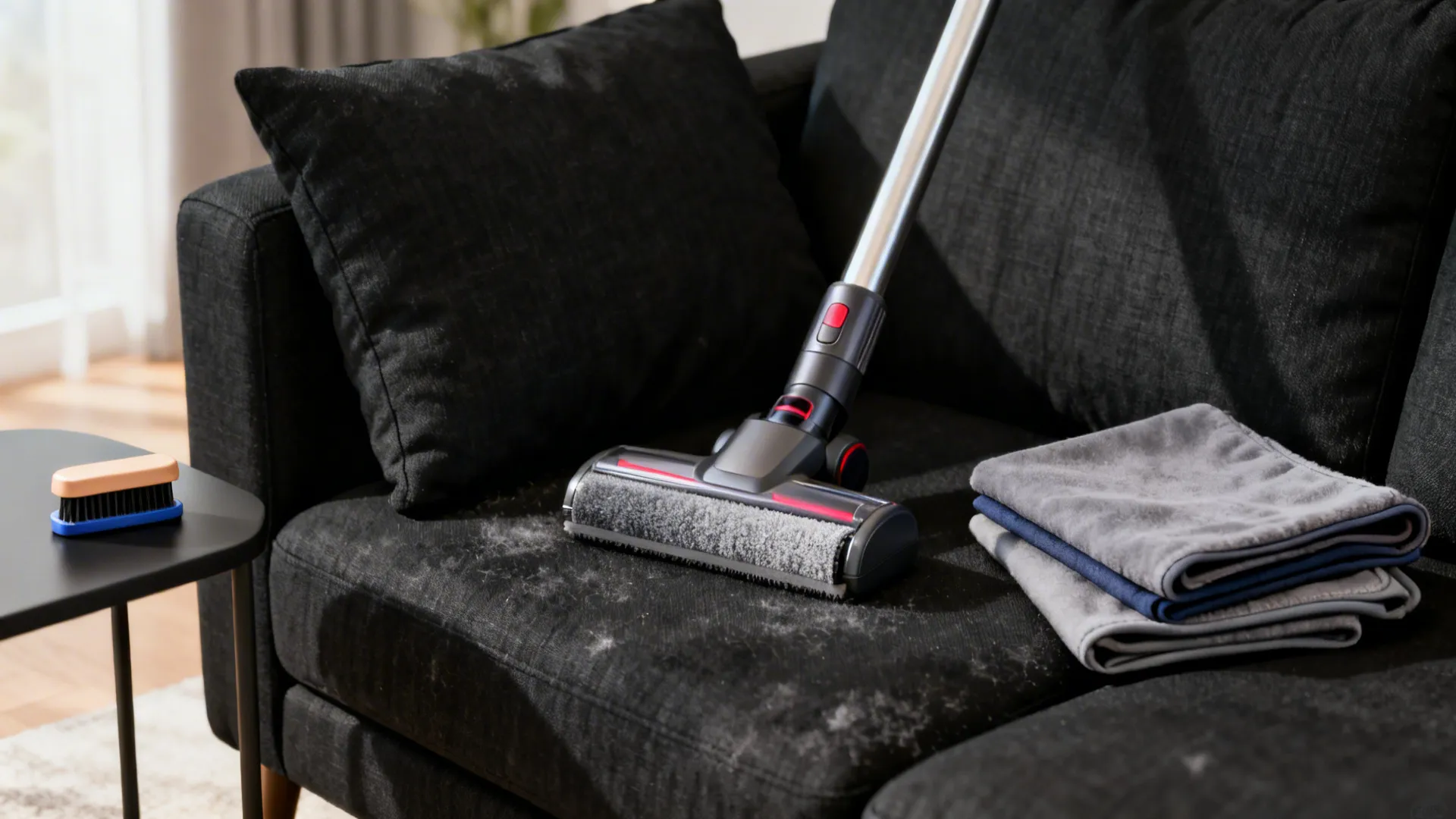 Close-up of removable cushion covers and a lint brush beside a black couch for maintenance tips.