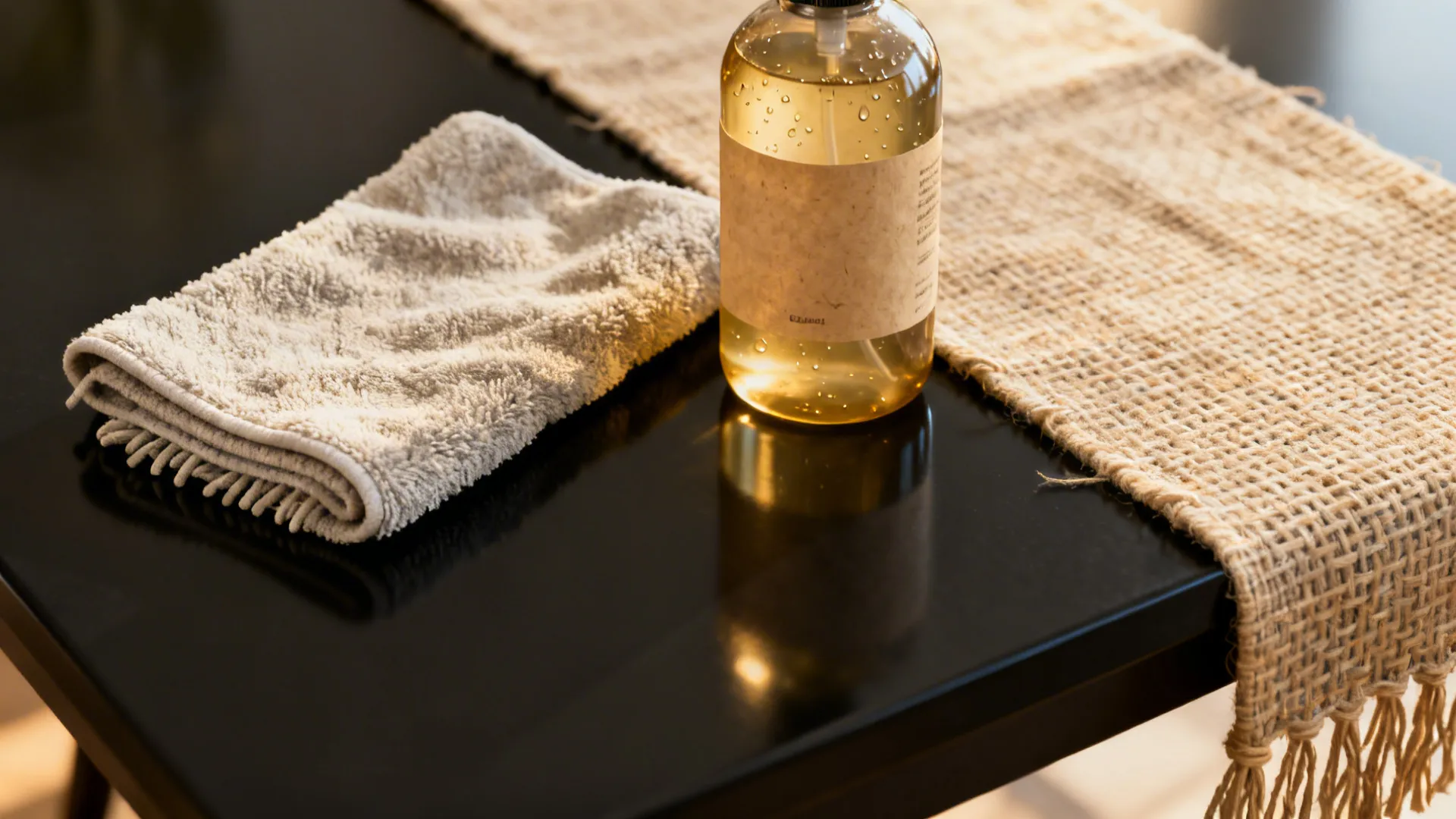Cleaning spray bottle and folded grey towel placed on black table with woven cloth runner