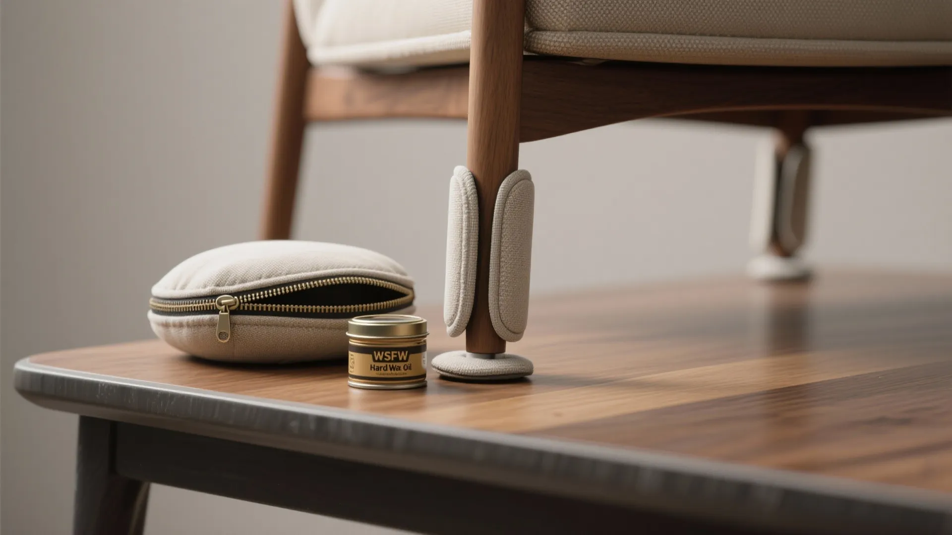 Close up of chair leg on wooden table with small tin of wax and cushion