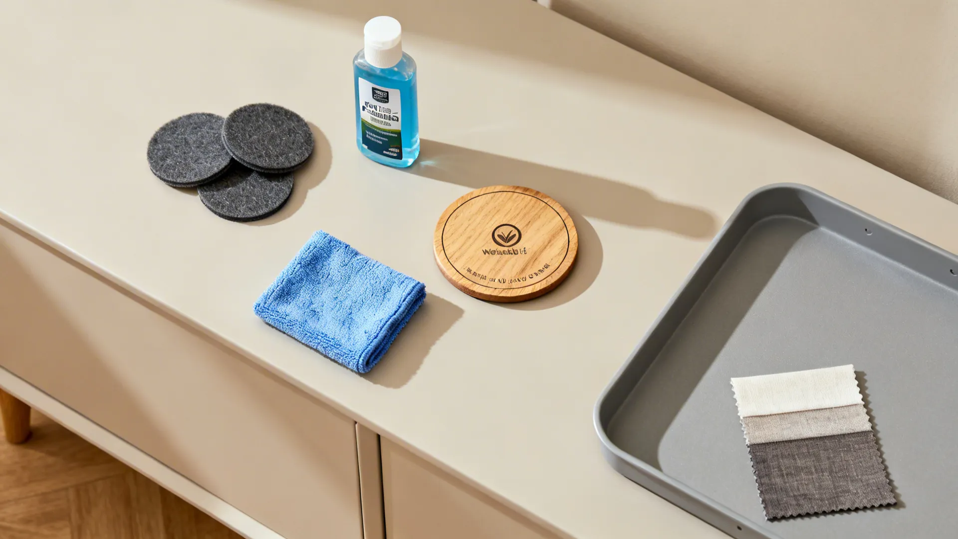 Top-down care kit with felt pads, acrylic polish, wood cleaner, coasters, and a washable tray cover.