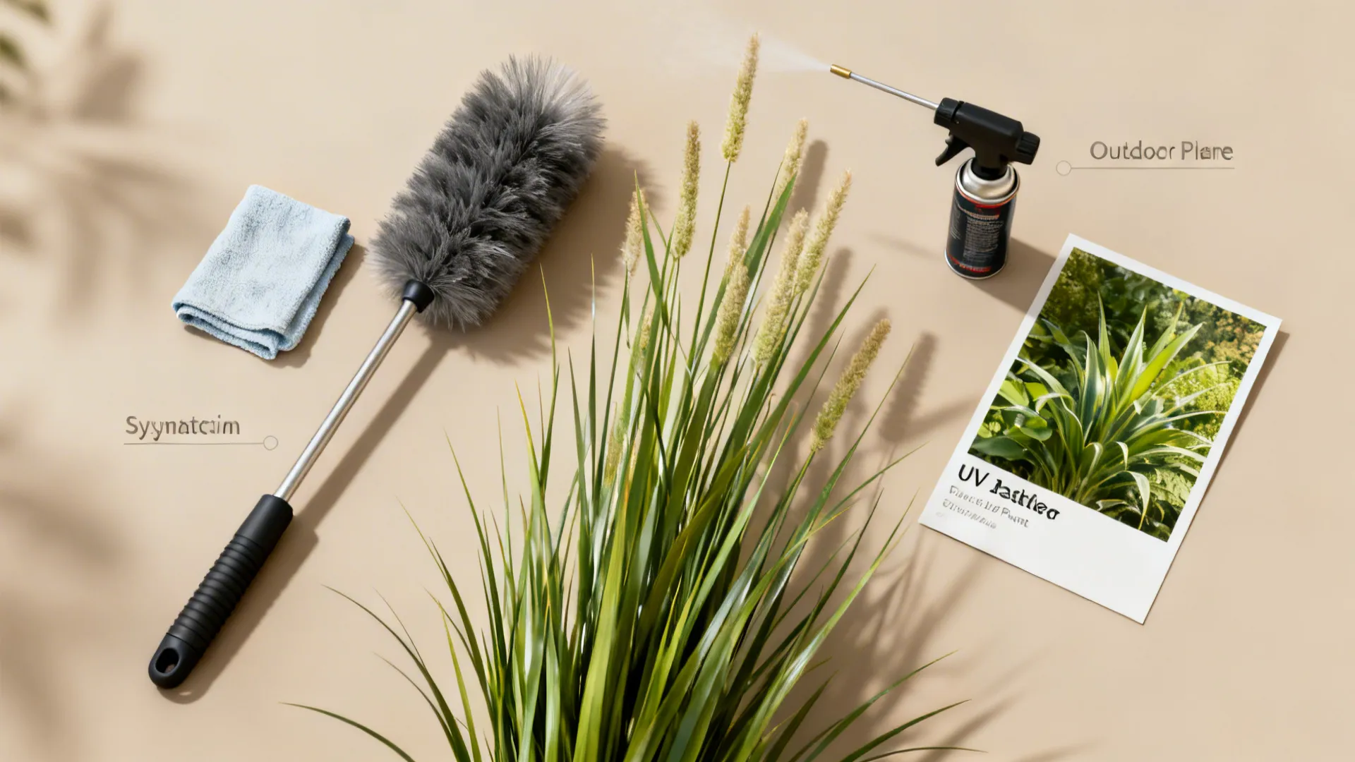Plant care tools featuring a duster blue cloth spray bottle long grass and a photo