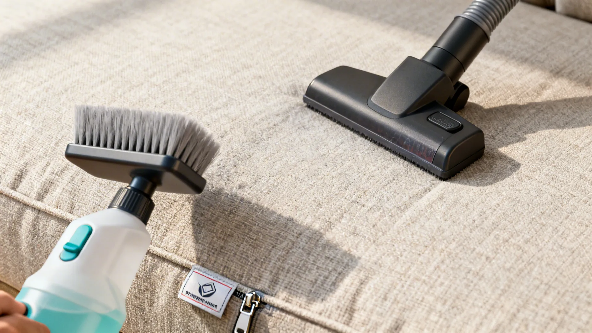 Cleaning tools and slipcover detail for maintaining a white sofa