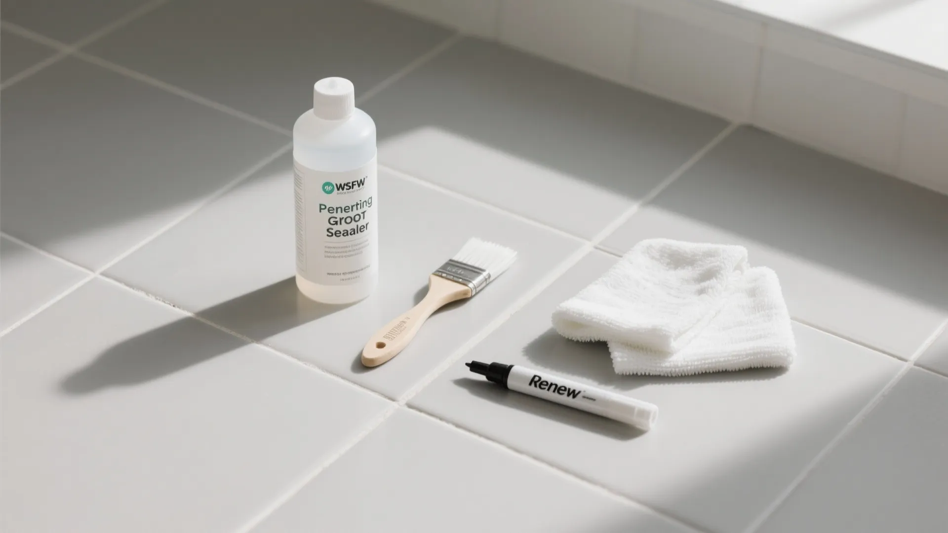 Cleaning tools for floor tiles including sealer bottle brush white towel and black marker pen