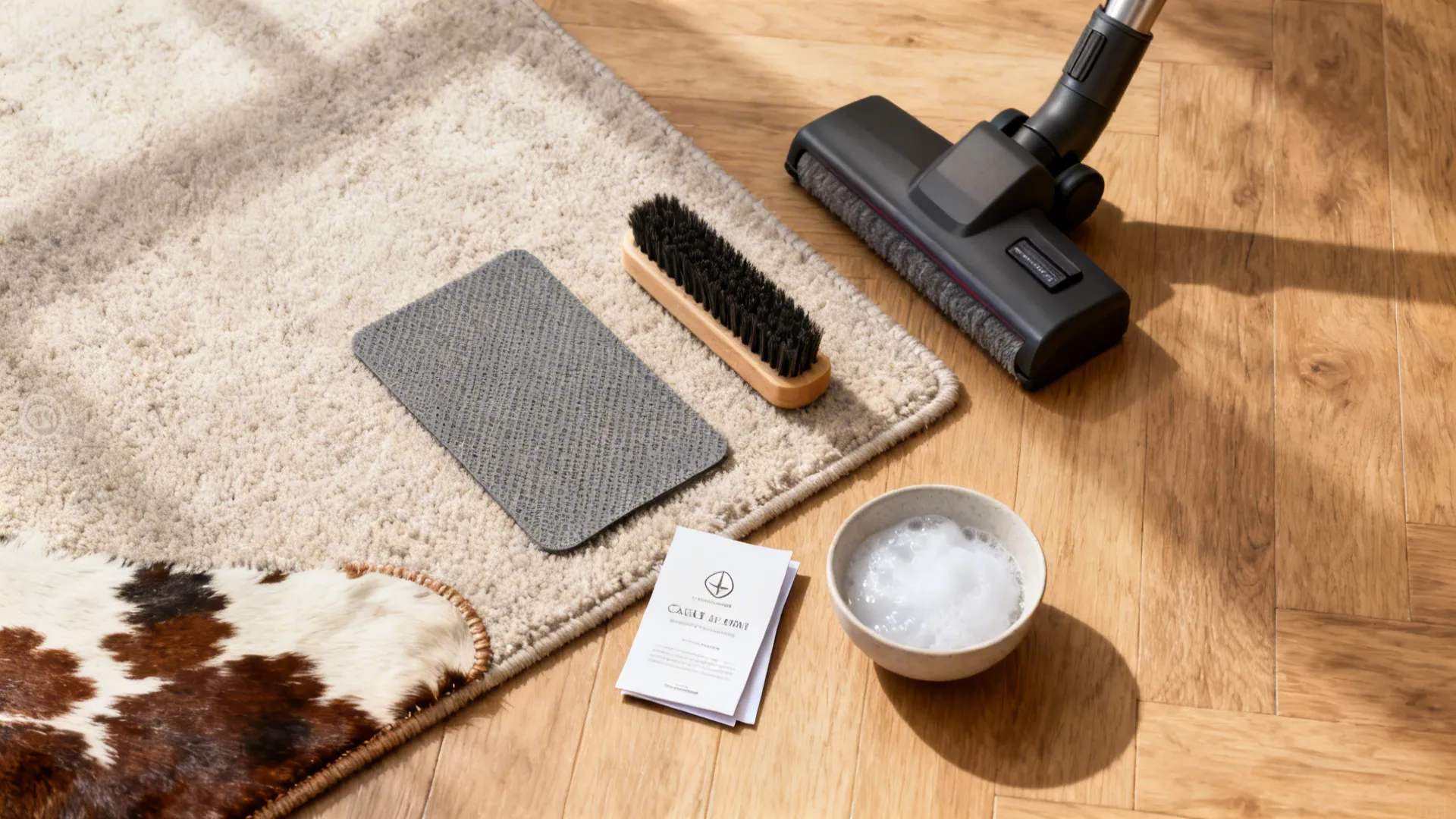 Flatlay of rug care items beside a cowhide corner: rug pad, brush vacuum head, mild soap bowl.