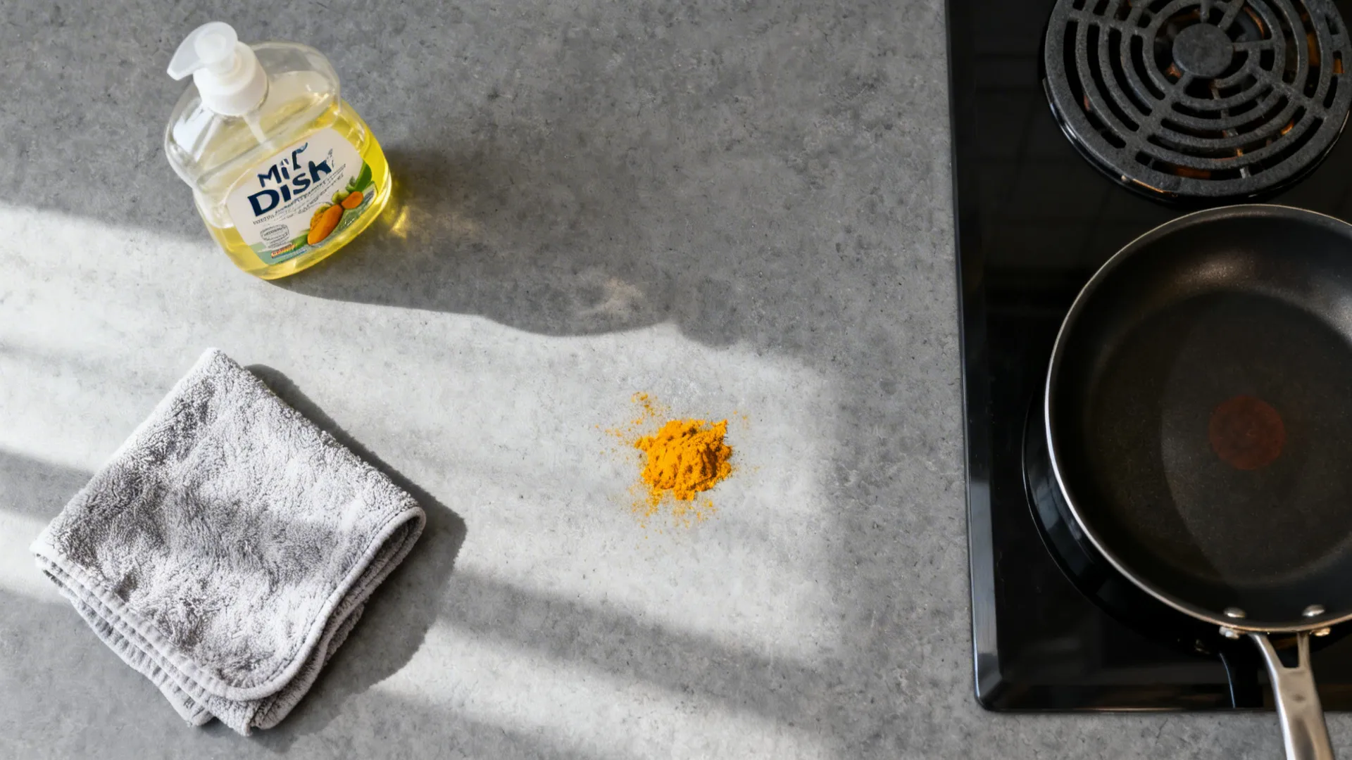 Top-down of grey counter care: mild soap, soft cloth, trivet, and a wiped turmeric spill.