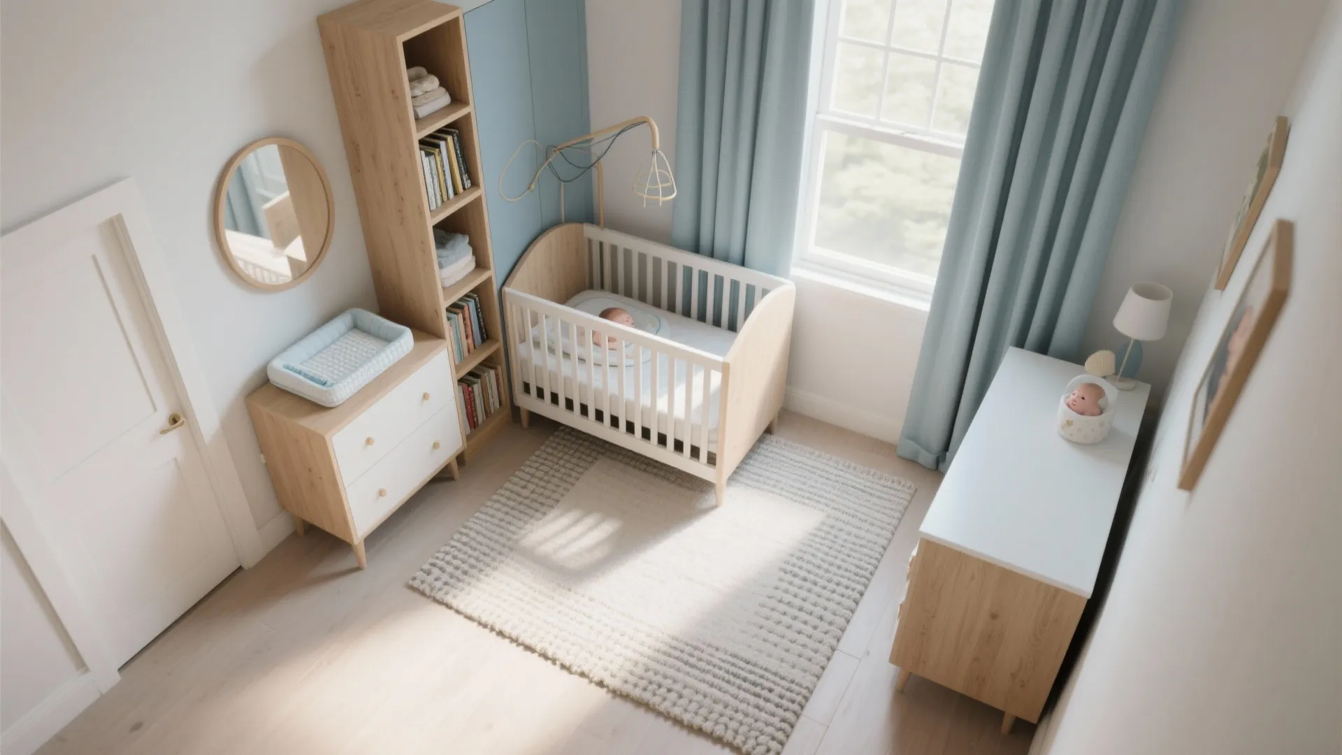 Bright nursery with wooden crib, blue curtains, tall bookshelf, dresser with mirror, and textured rug