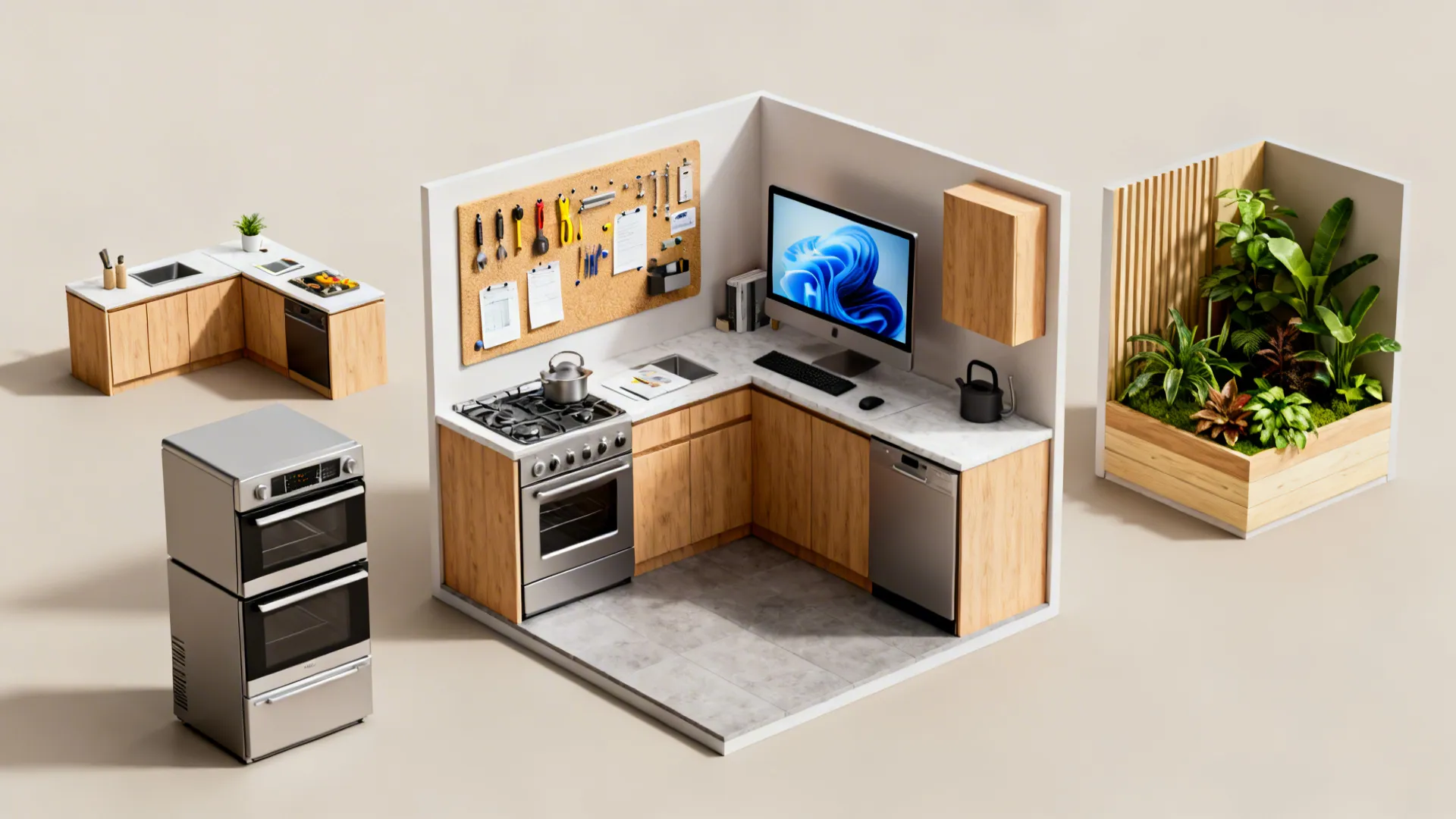 Montage of modular, process, visualization, appliance integration, and eco-friendly kitchen vignettes.