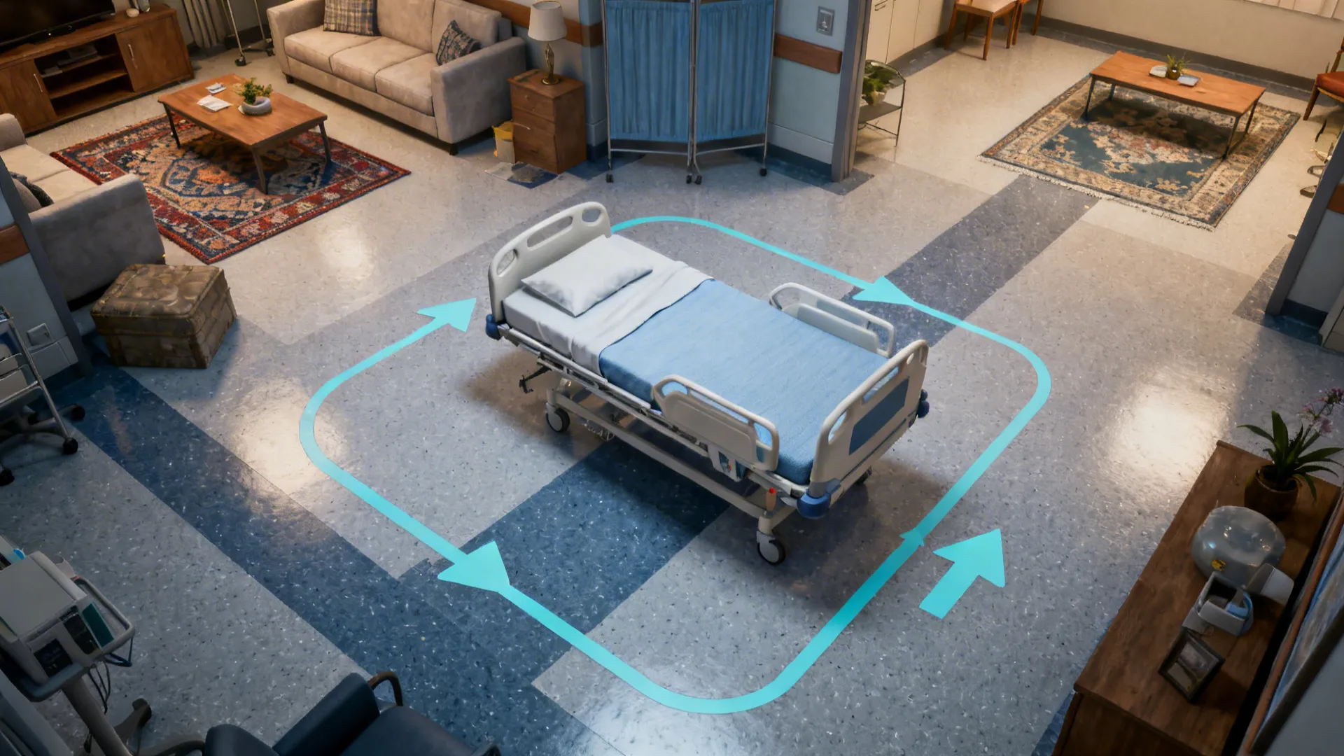 Top-down living room layout showing a clear 90–120 cm corridor around a hospital bed for caregiver flow.