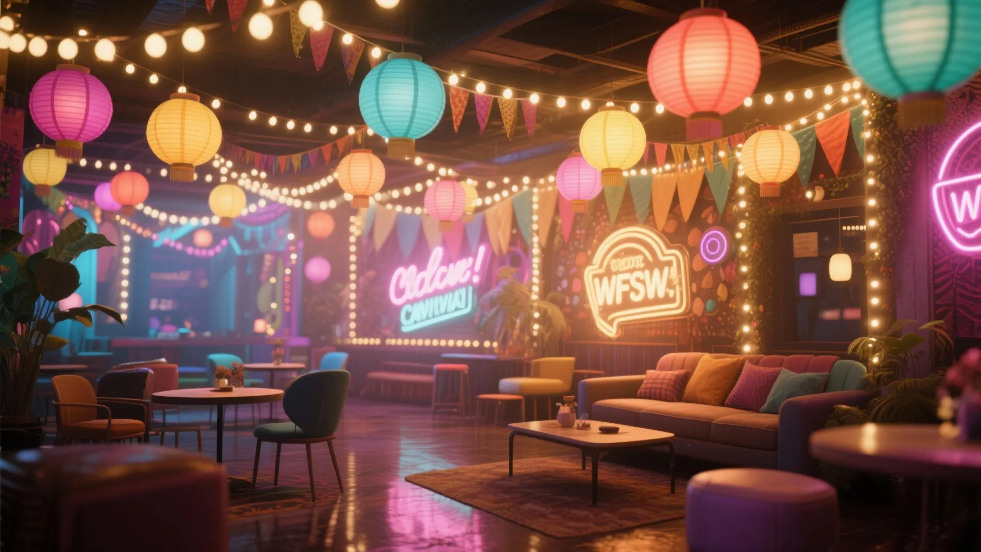 Room decorated with string lights, paper lanterns, and neon signs in warm glow