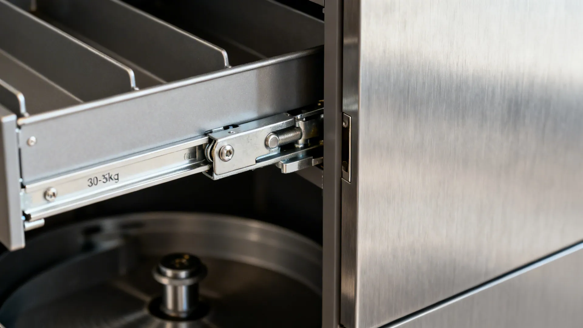 Close-up of sturdy corner carousel trays and soft-close hardware in a base cabinet.