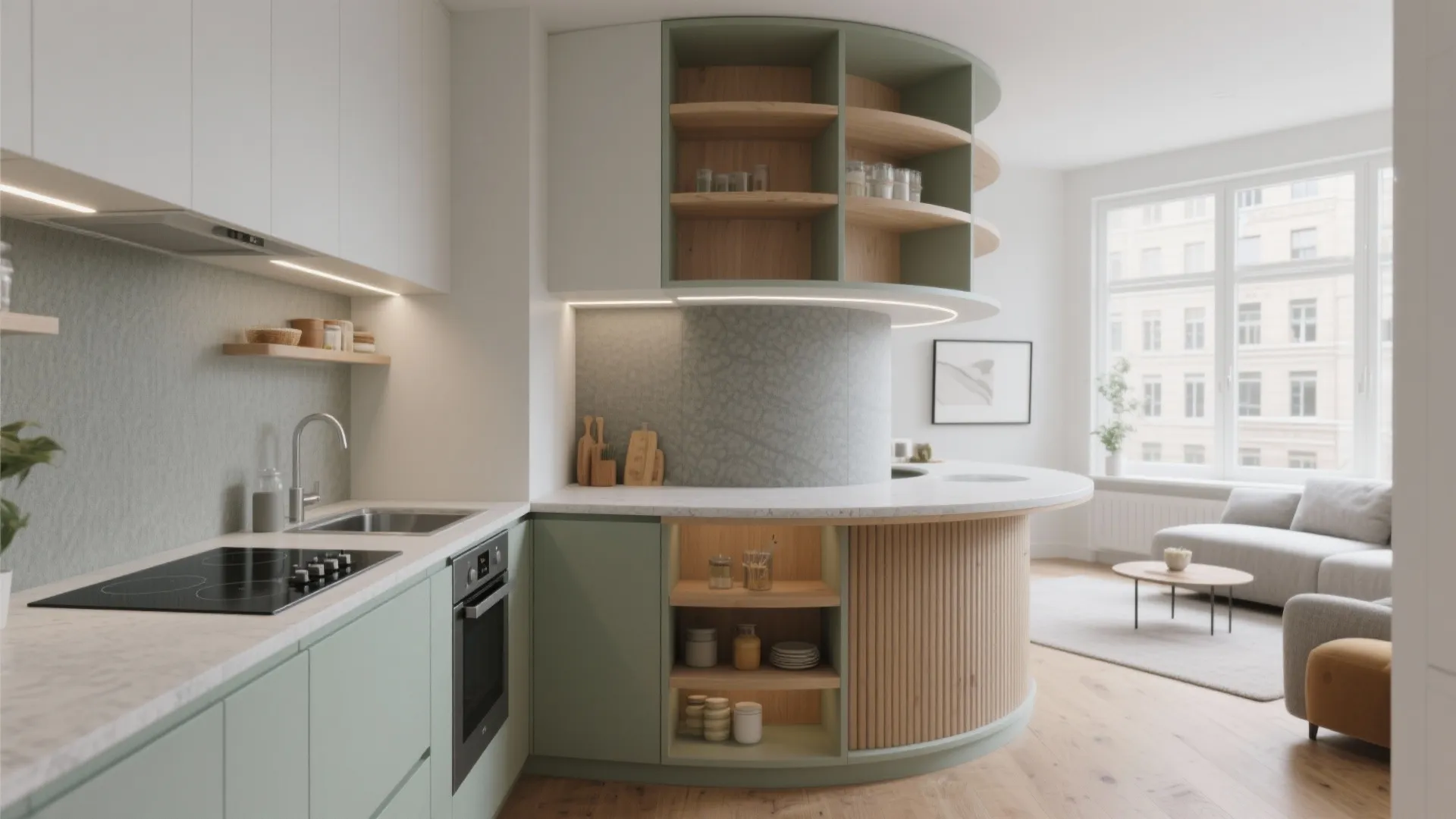 Modern kitchen with light green cabinets, curved wooden shelves, stove, sink, and sunny living area