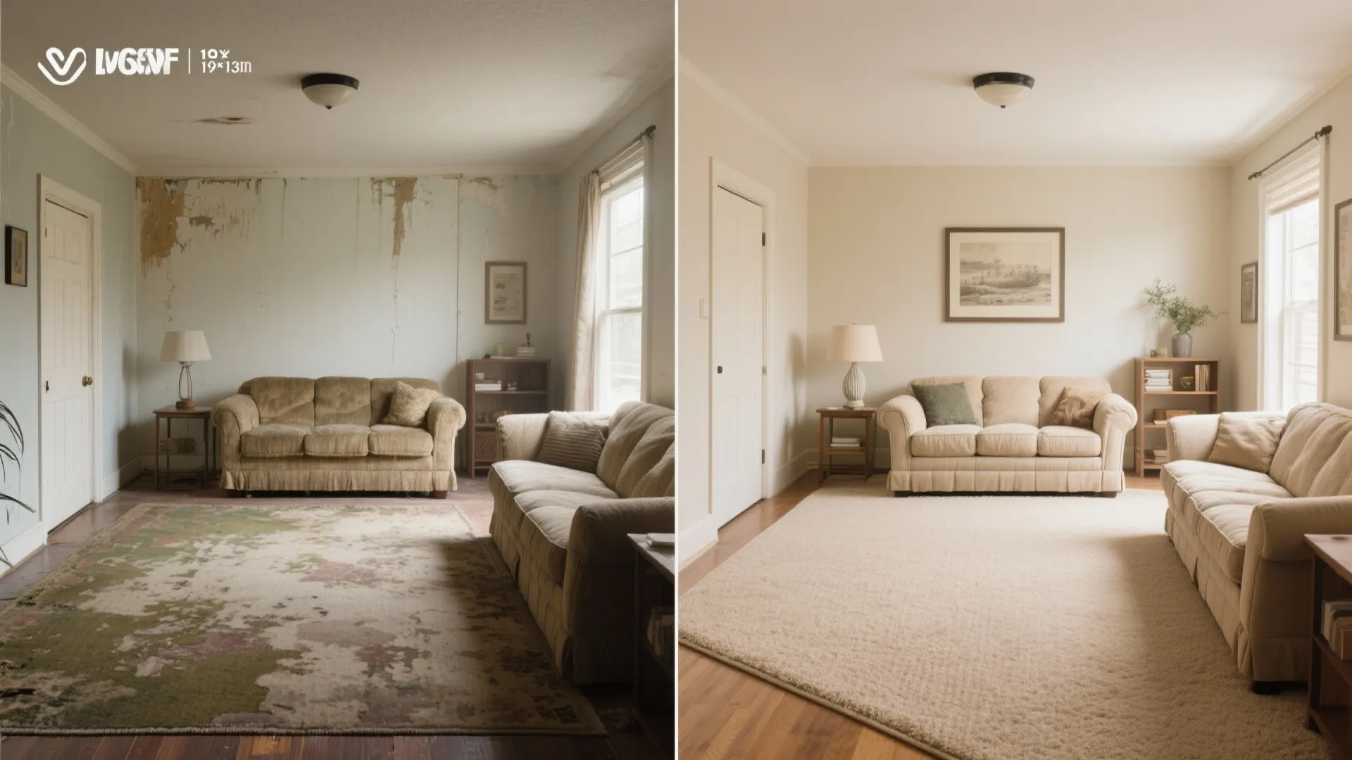 Before and after comparison of old messy living room transformed into clean modern space with rug