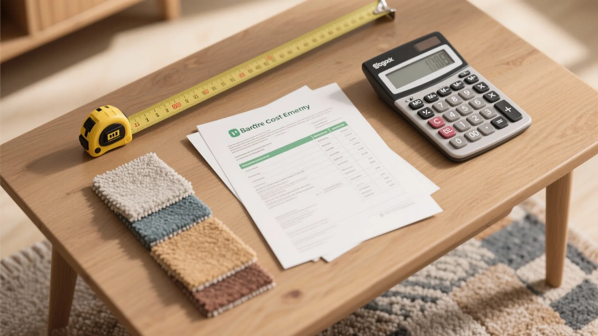Budget planning for home renovation with calculator tape measure paper and carpet samples on table