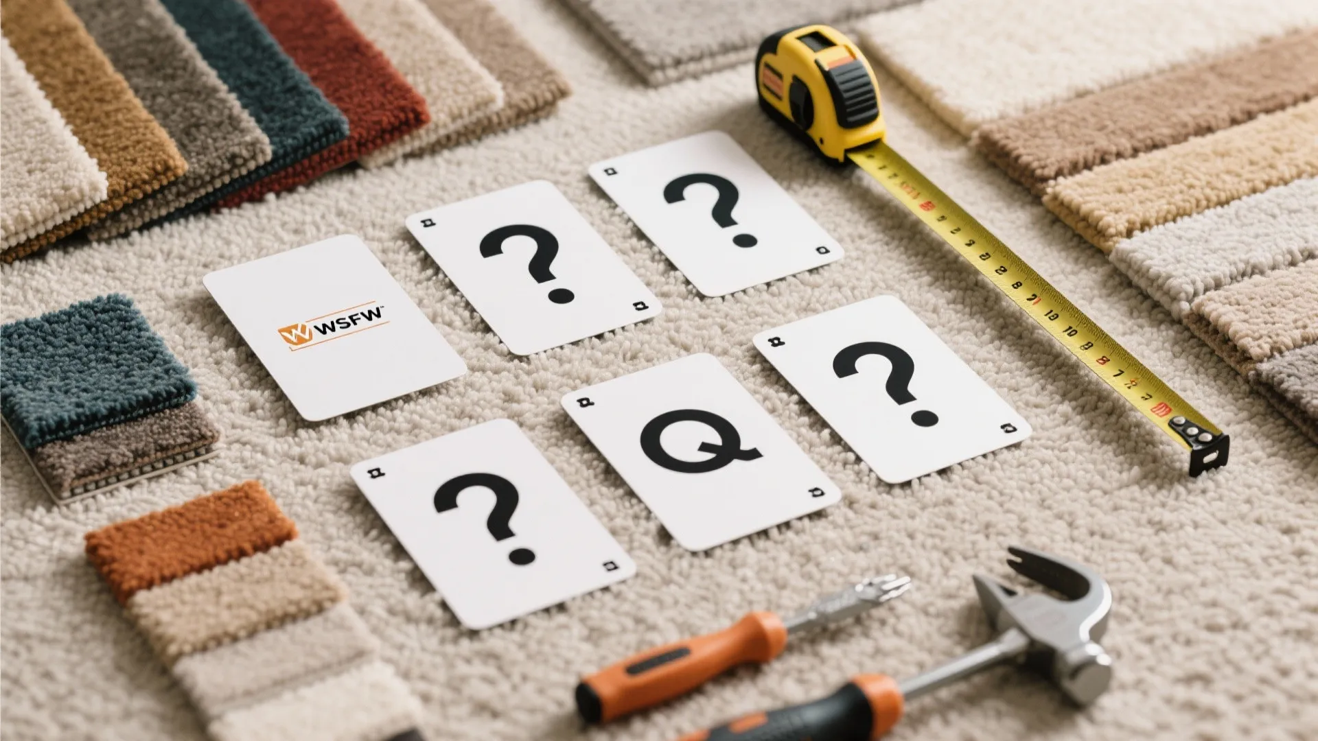 Different color carpet samples arranged with a measuring tape tools and question mark cards display