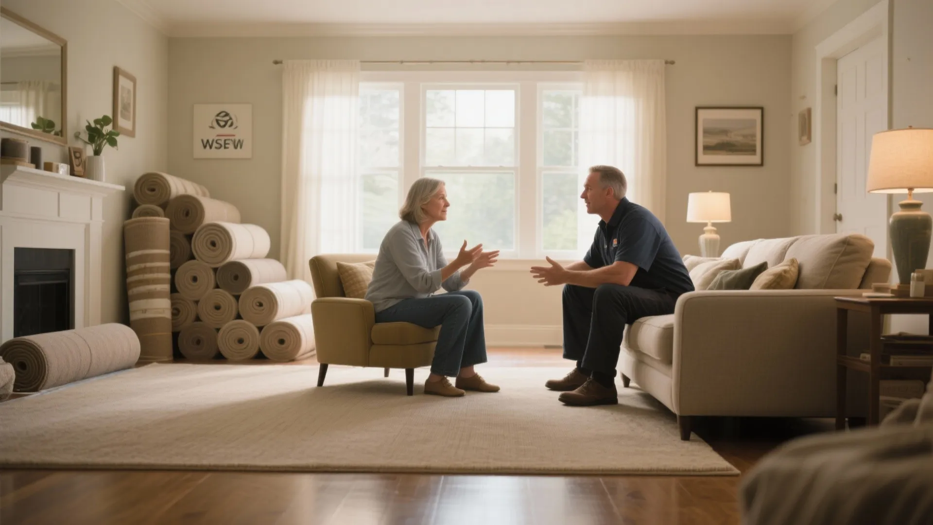 Homeowner and worker discussing carpet installation near rug rolls in a bright and sunny living room