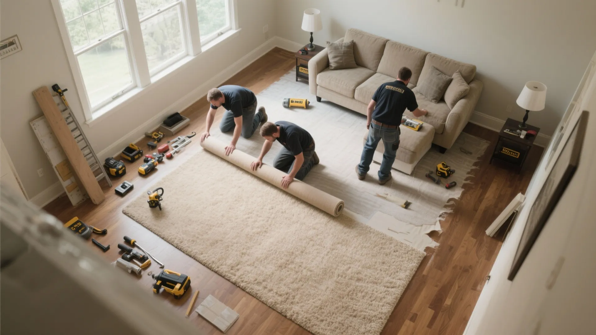 Three workers installing a large beige rug in a living room with sofa and tools