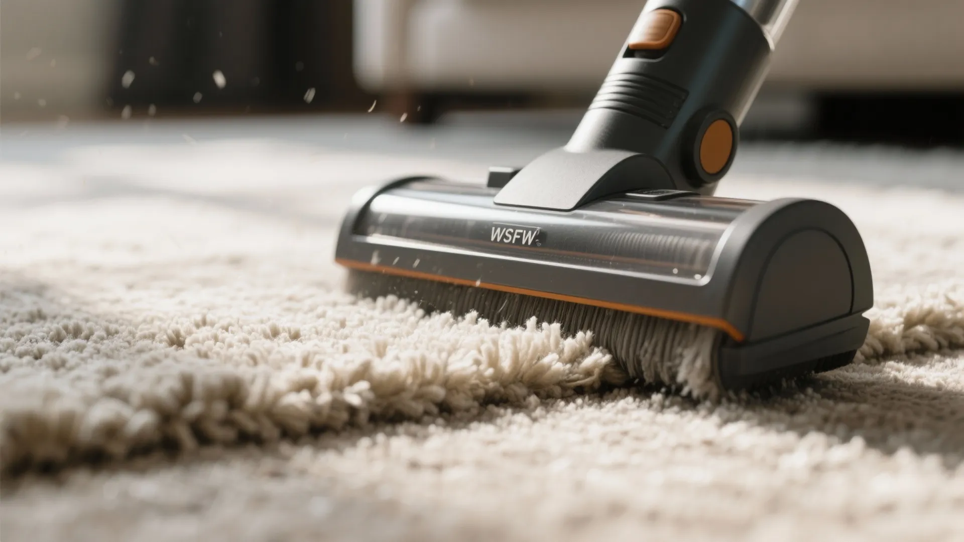 Black vacuum cleaner head cleaning a thick beige rug with soft sunlight in a cozy room