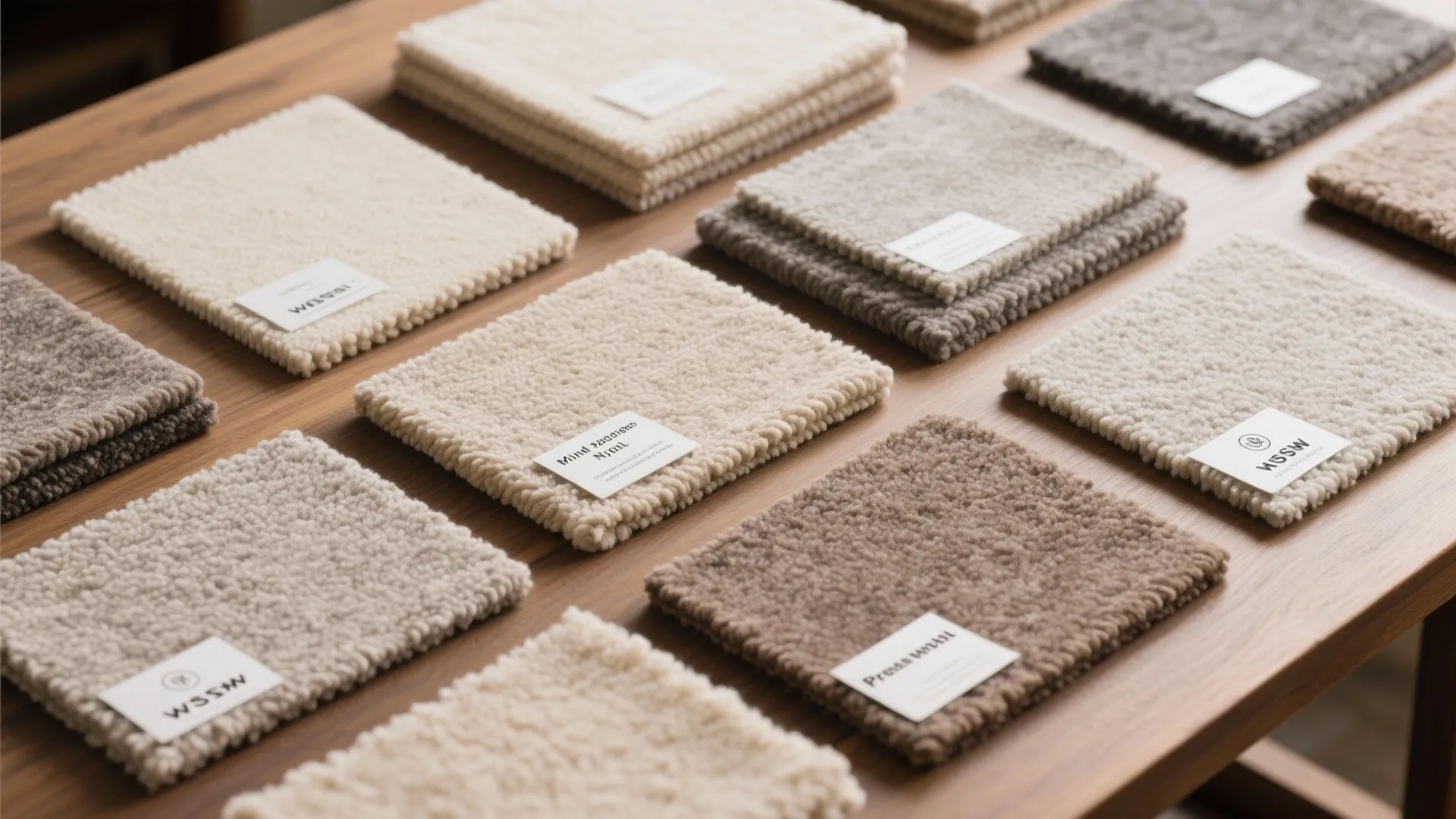 Various square carpet material samples in neutral beige and brown colors displayed on wooden table surface