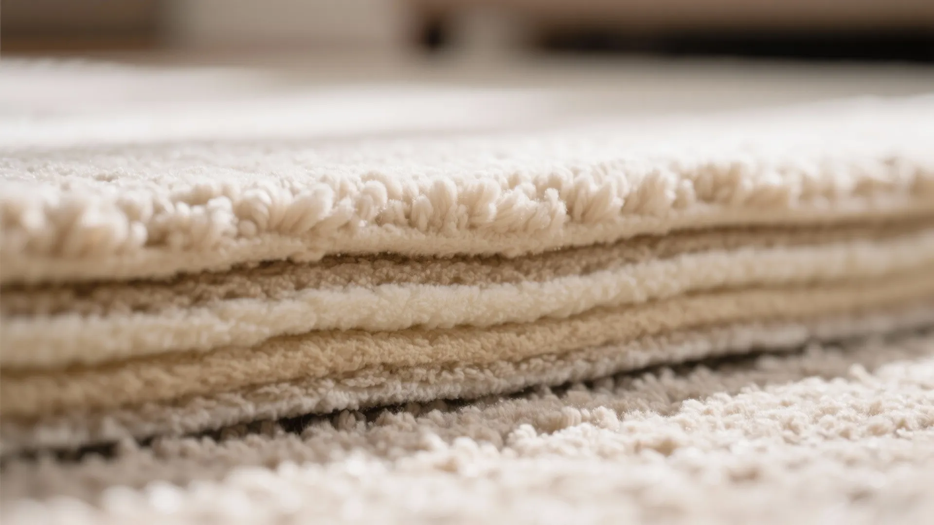 Close up view showing the thick soft layers of a white carpet with high pile