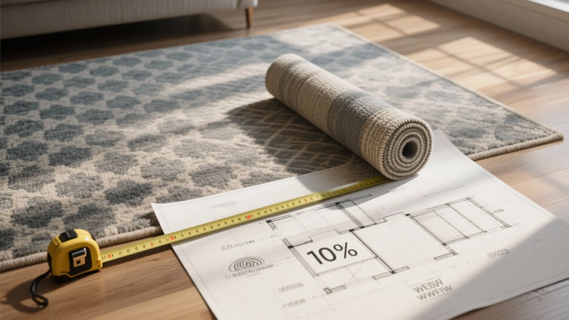 Interior design drawing with measuring tape and rolled carpet on a wooden floor for planning