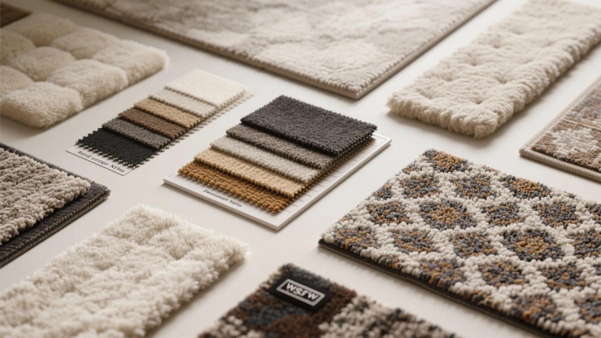 Various carpet material samples in different colors and patterns for home interior design project planning