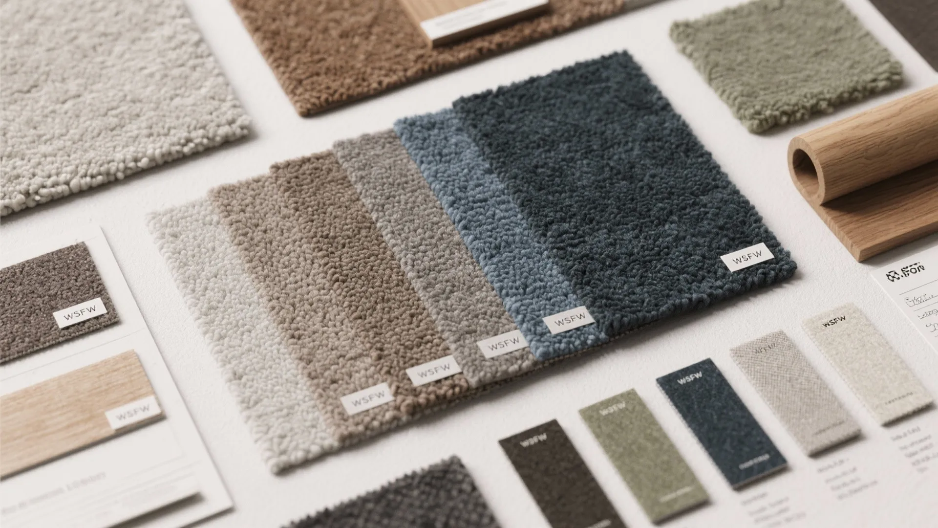 Carpet samples in various colors like grey and blue laid out on a white desk surface