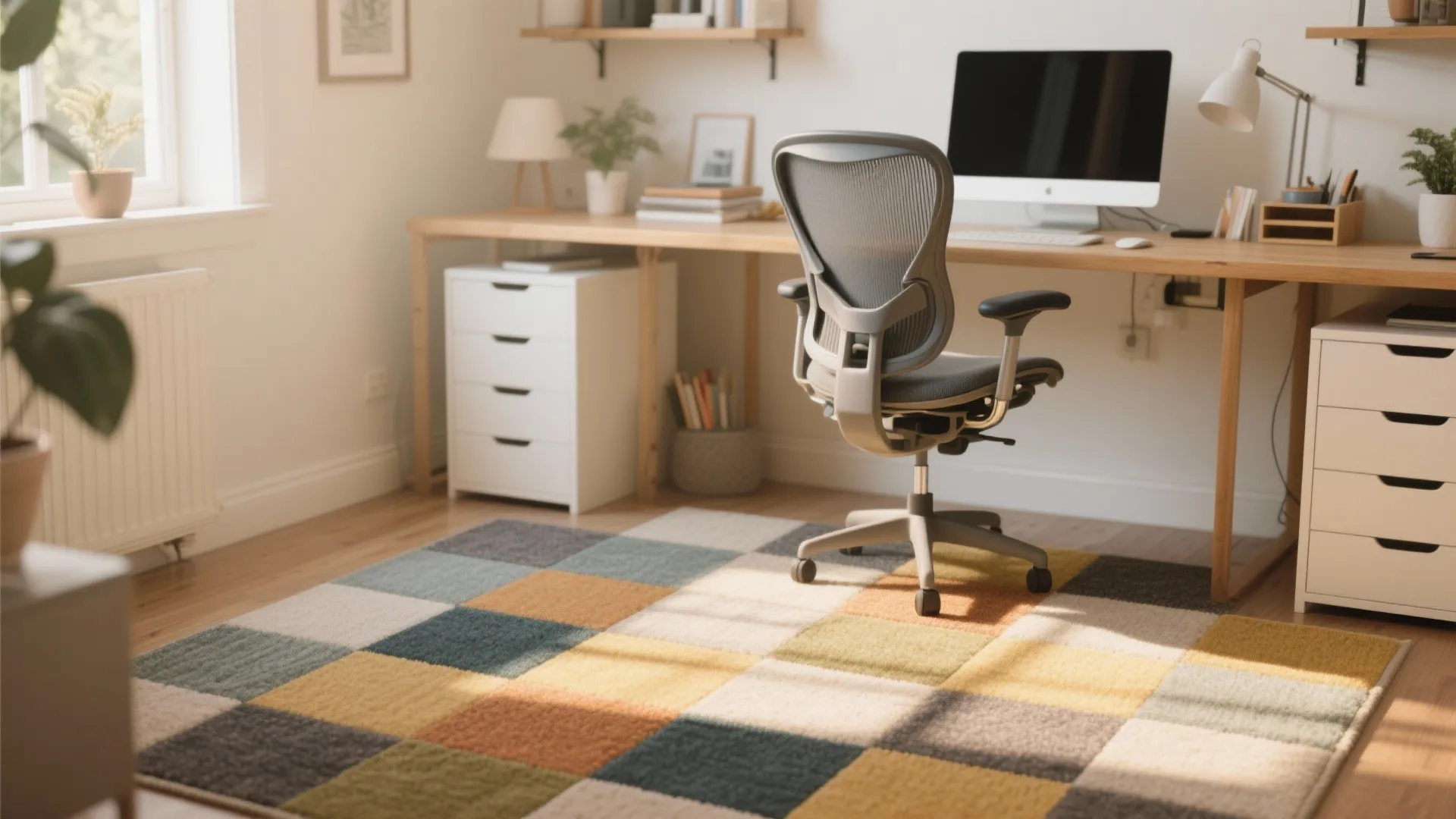Bright home office with wooden desk grey chair colorful square pattern carpet and natural light