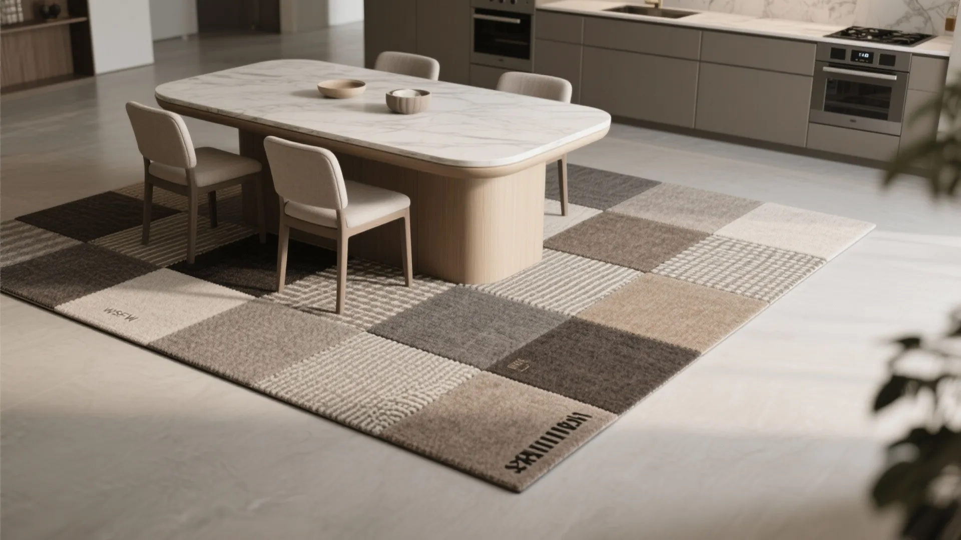 3. Carpet tiles to zone a kitchen-dining combo
