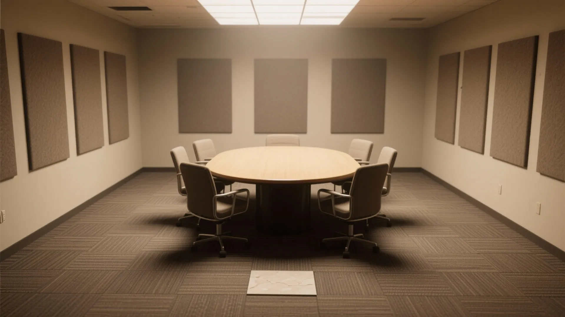 Meeting room with warm carpet tiles, acoustic panels and a replaced tile patch.