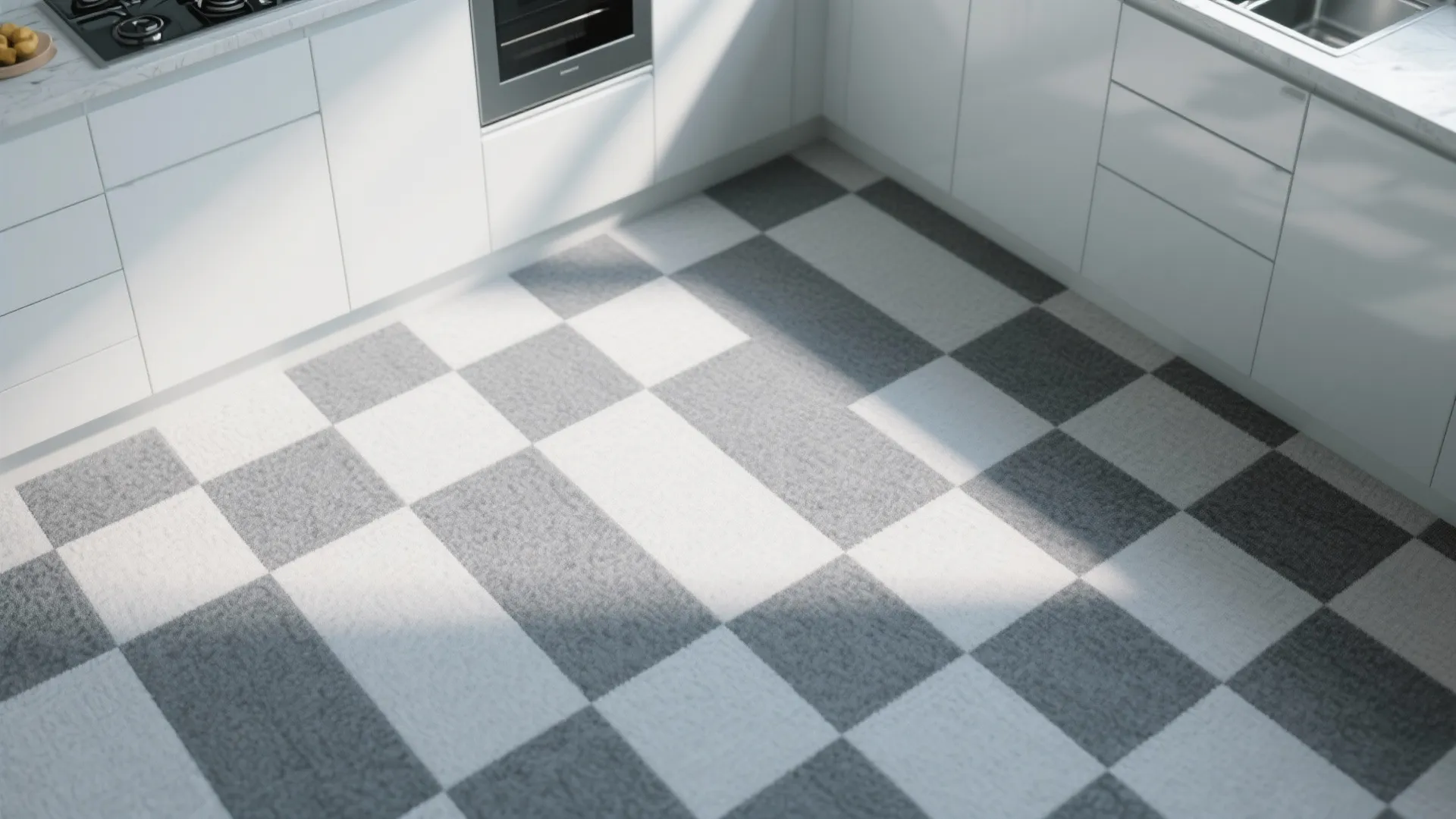 Modern kitchen with white cabinets and a checkered grey and white rug on the floor