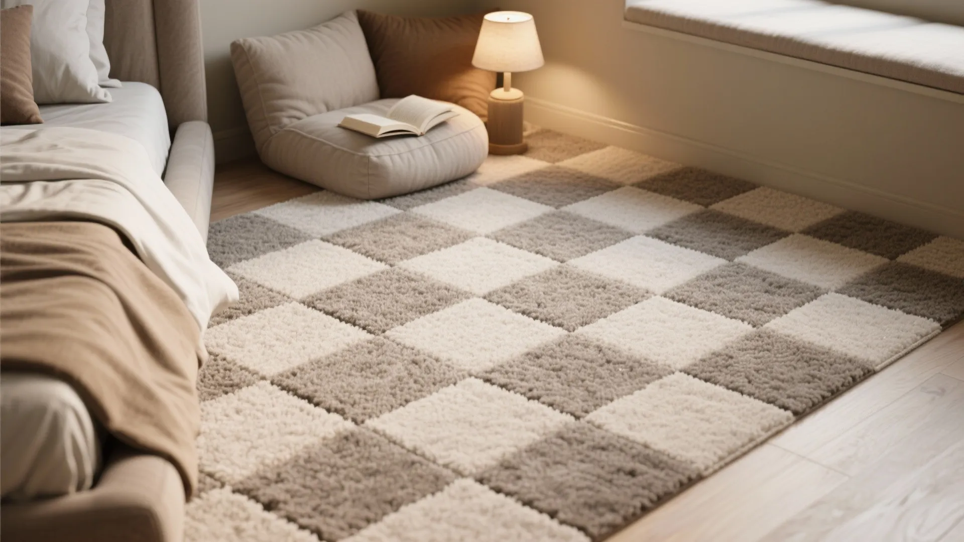Modular textured carpet tiles forming a cozy reading nook in a bedroom corner.