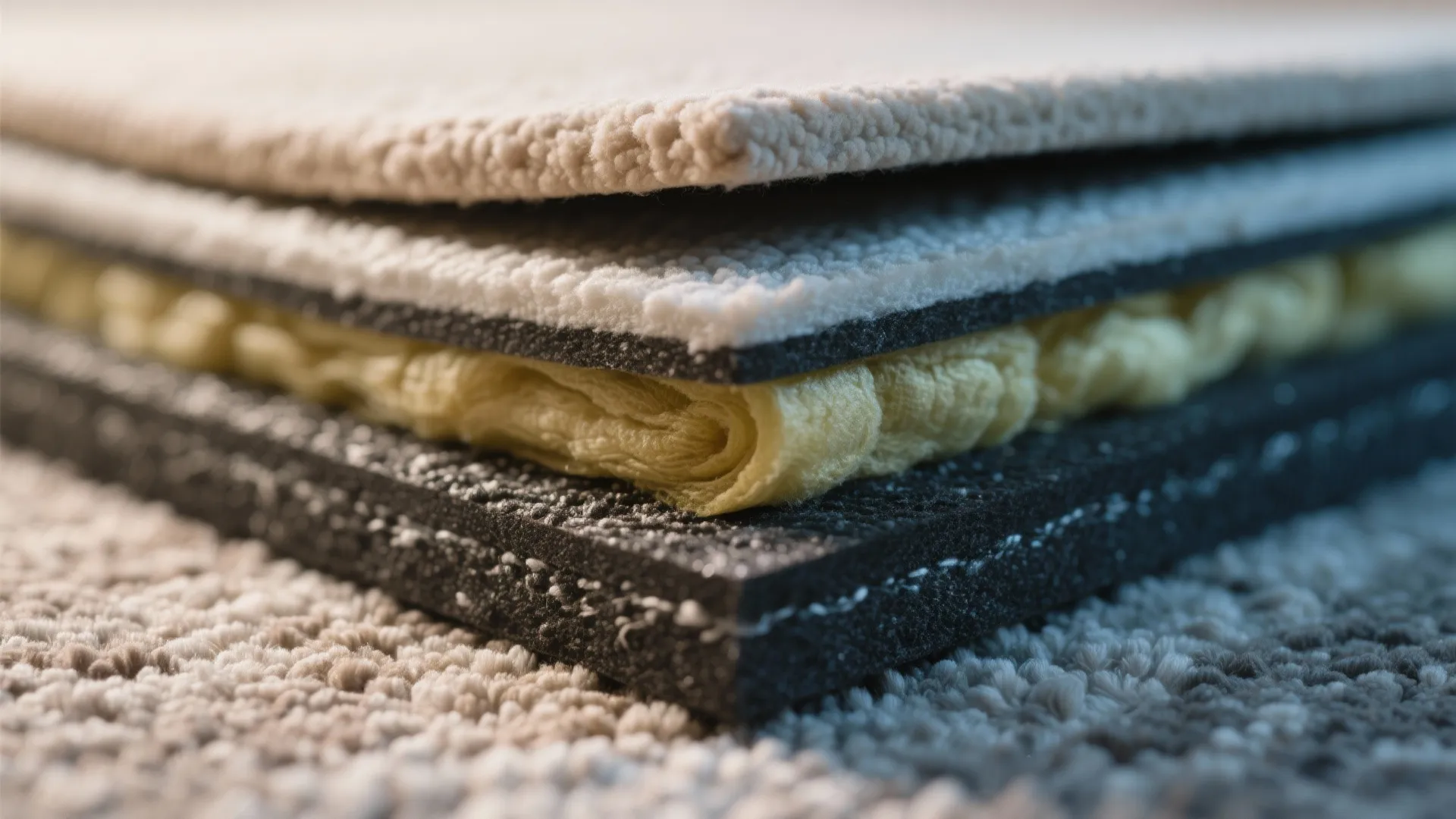 Close up view of different carpet layers and soft floor padding materials for home renovation