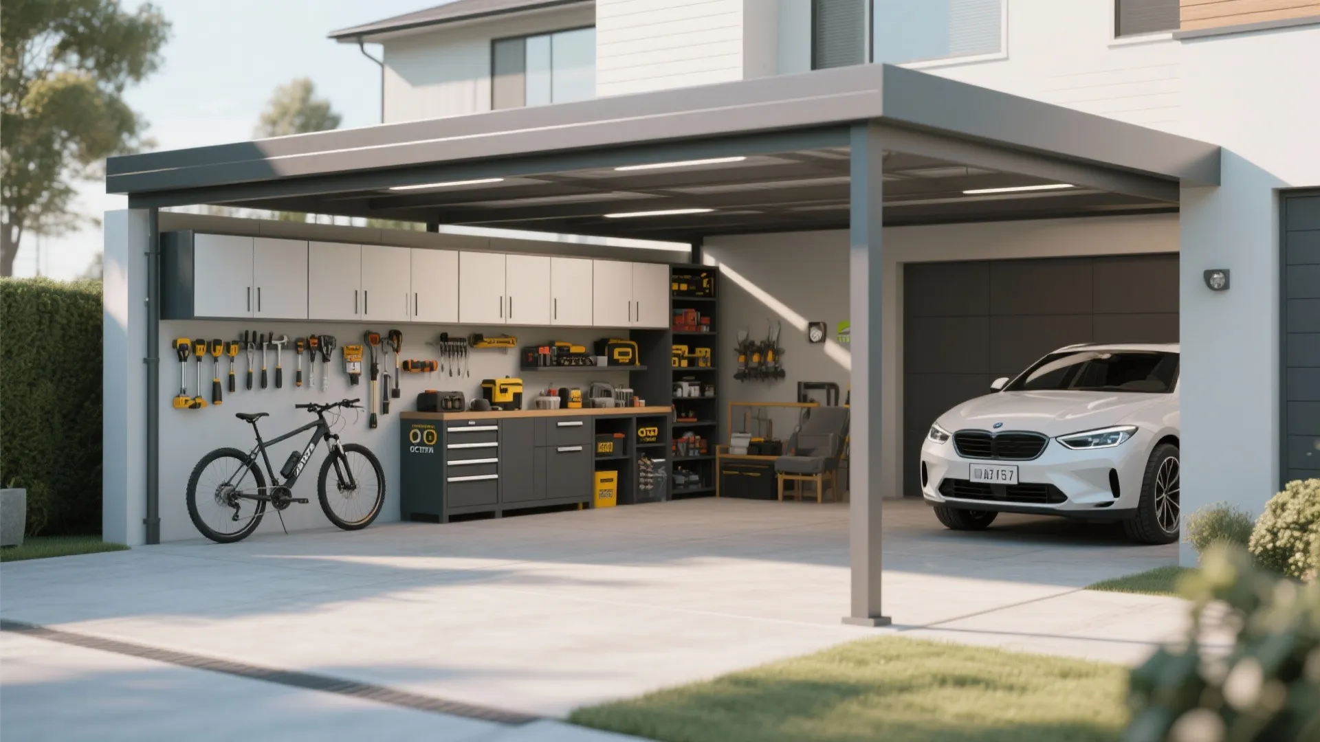 Carport featuring integrated storage cabinets for tools and bikes