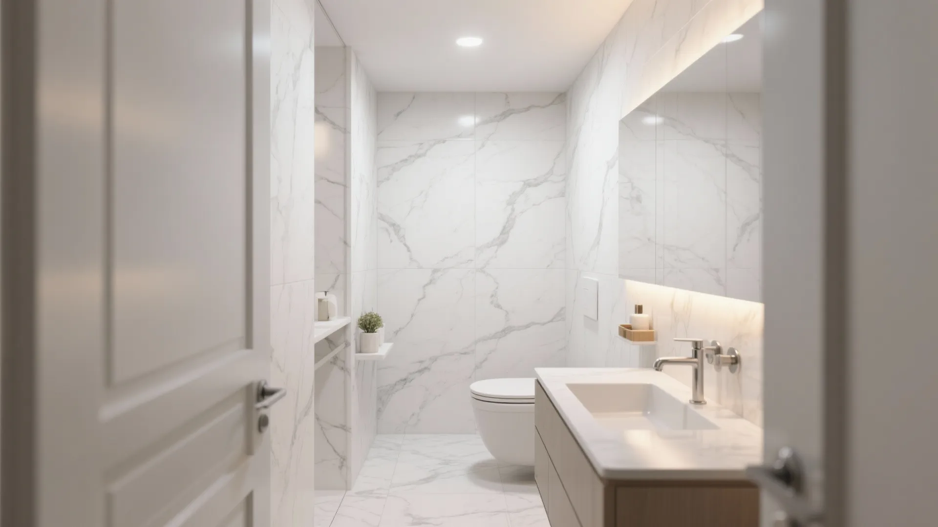 Compact bathroom with classic white Carrara marble tiles