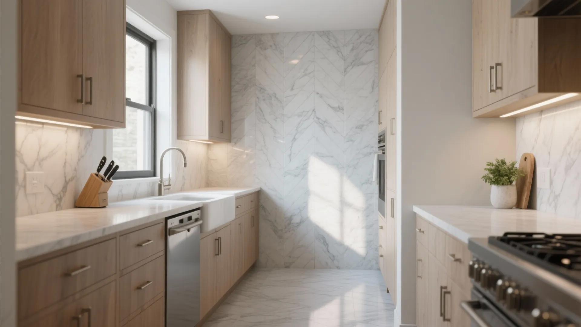 Modern kitchen with light wood cabinets marble countertops sink dishwasher stove and bright natural sunlight