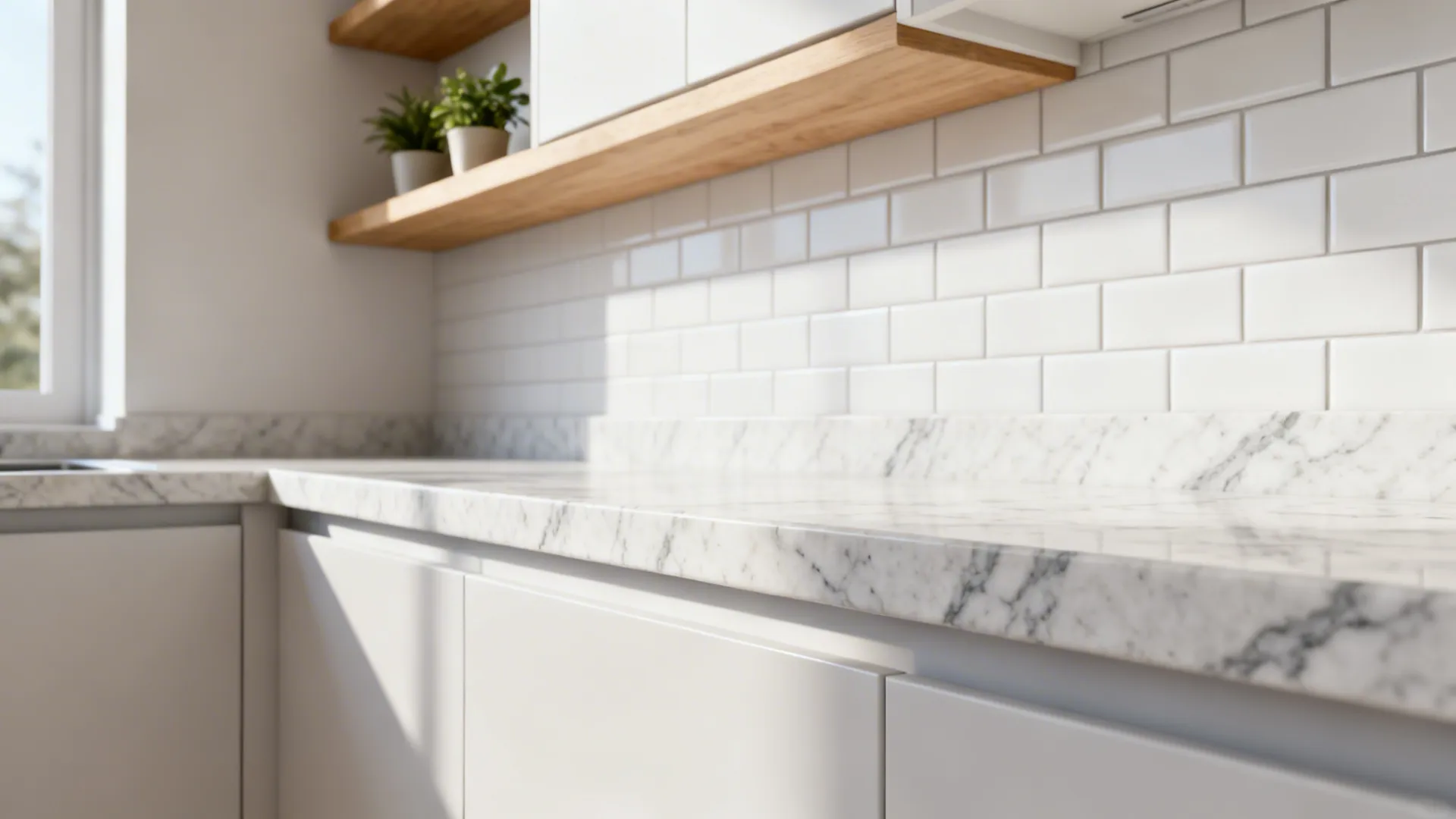 White Carrara-look granite countertop paired with a white subway tile backsplash in a bright compact kitchen.