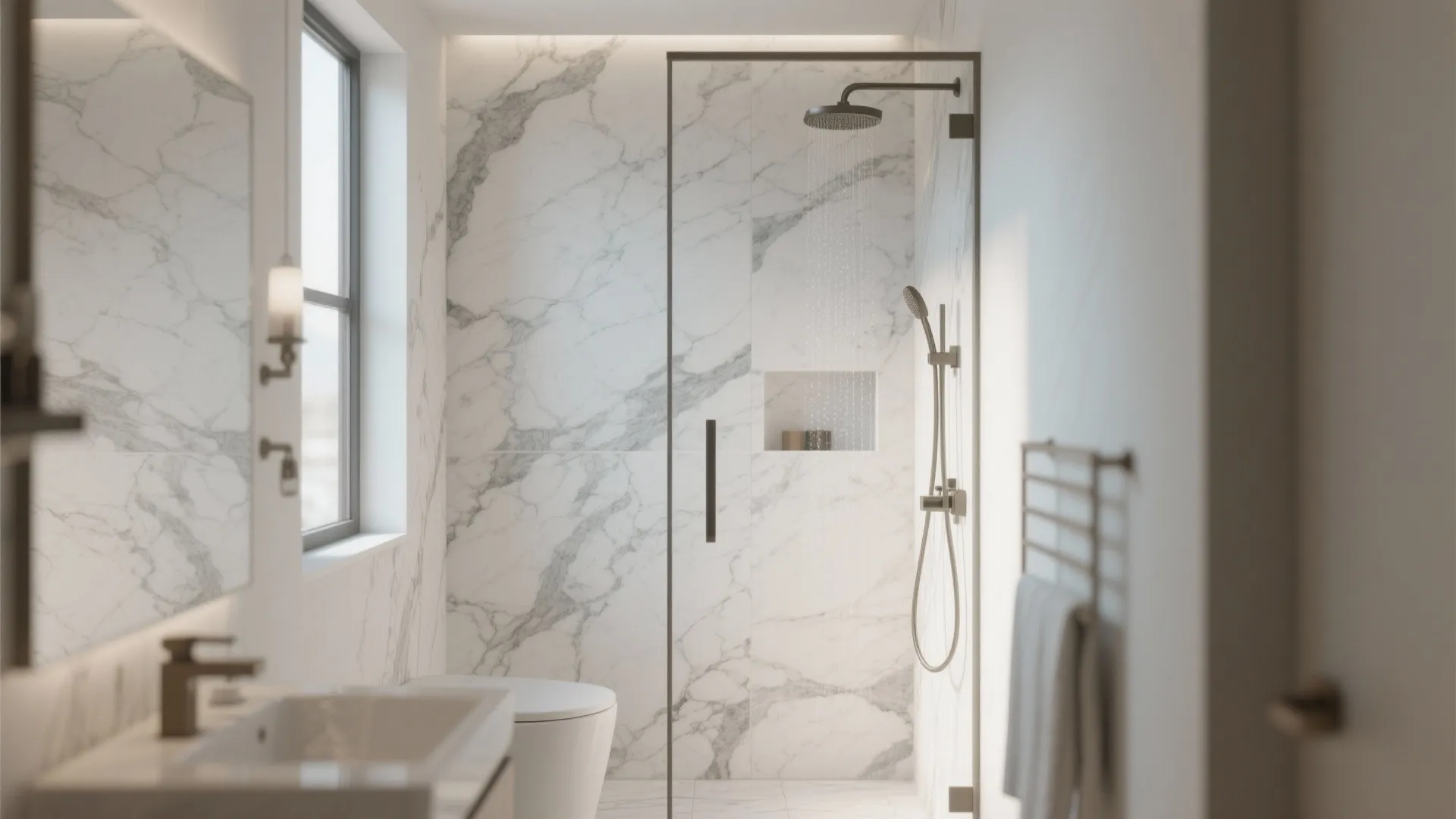 Modern bathroom with white marble wall tiles glass shower door rain shower head and white toilet