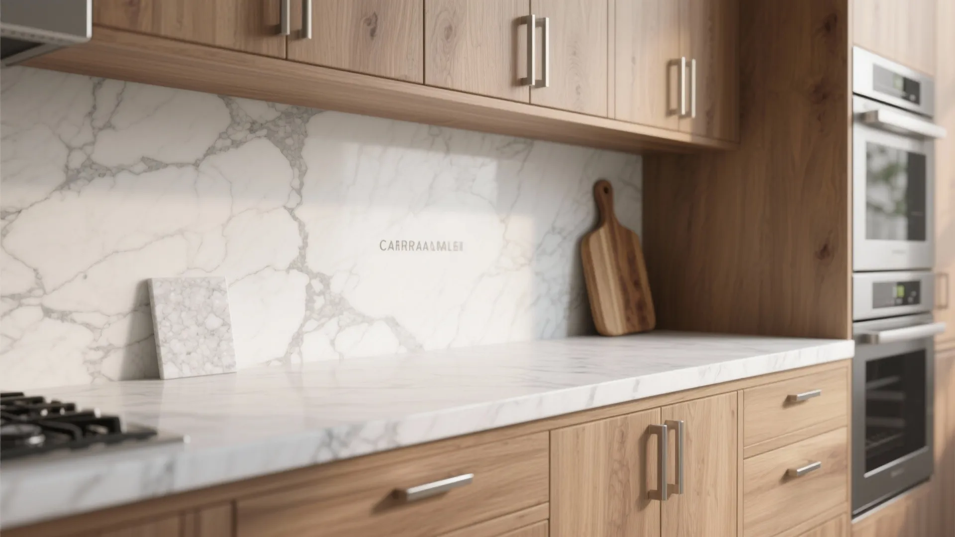 1. Classic Carrara Countertops with Warm Wood Accents