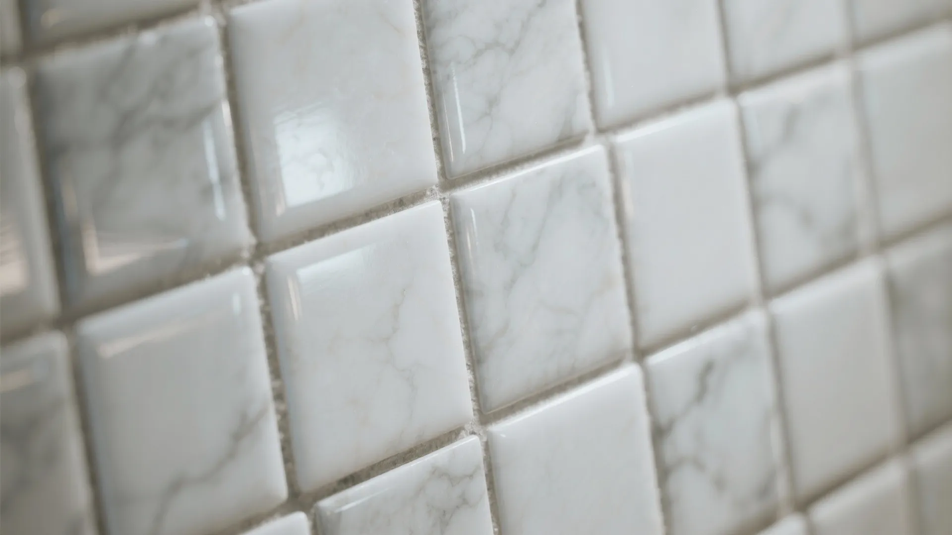 Close up of white marble square wall tiles with grey veins and light grey grout