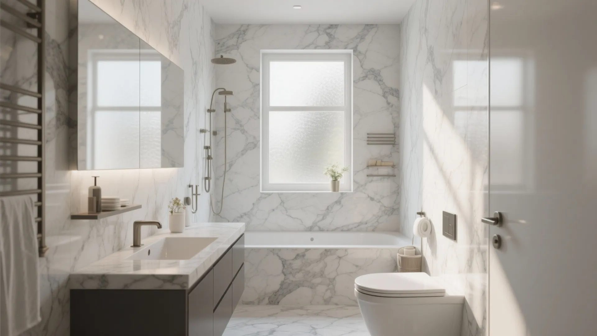 Bright bathroom featuring white marble tiles bathtub vanity mirror and large window with natural light