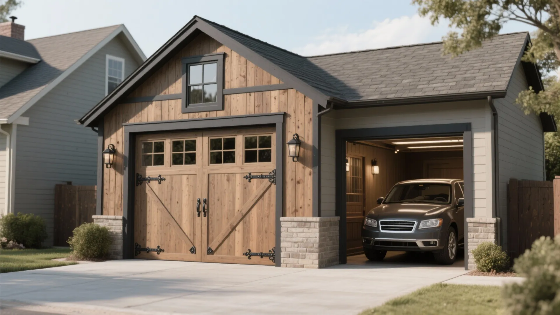 A detached wooden garage building with a dark roof and a car parked inside open bay