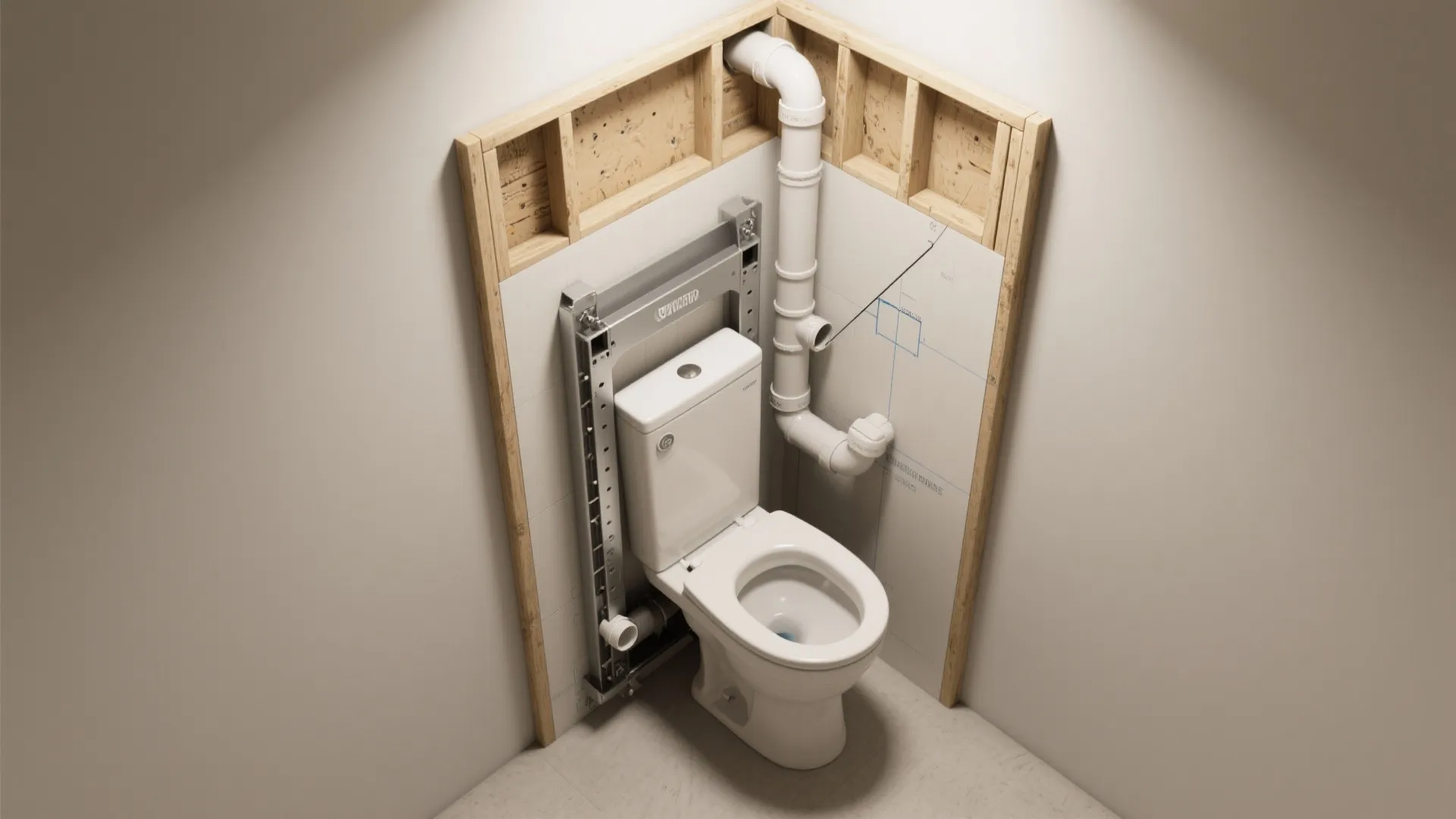 Wall-hung toilet with in-wall carrier and vent planning