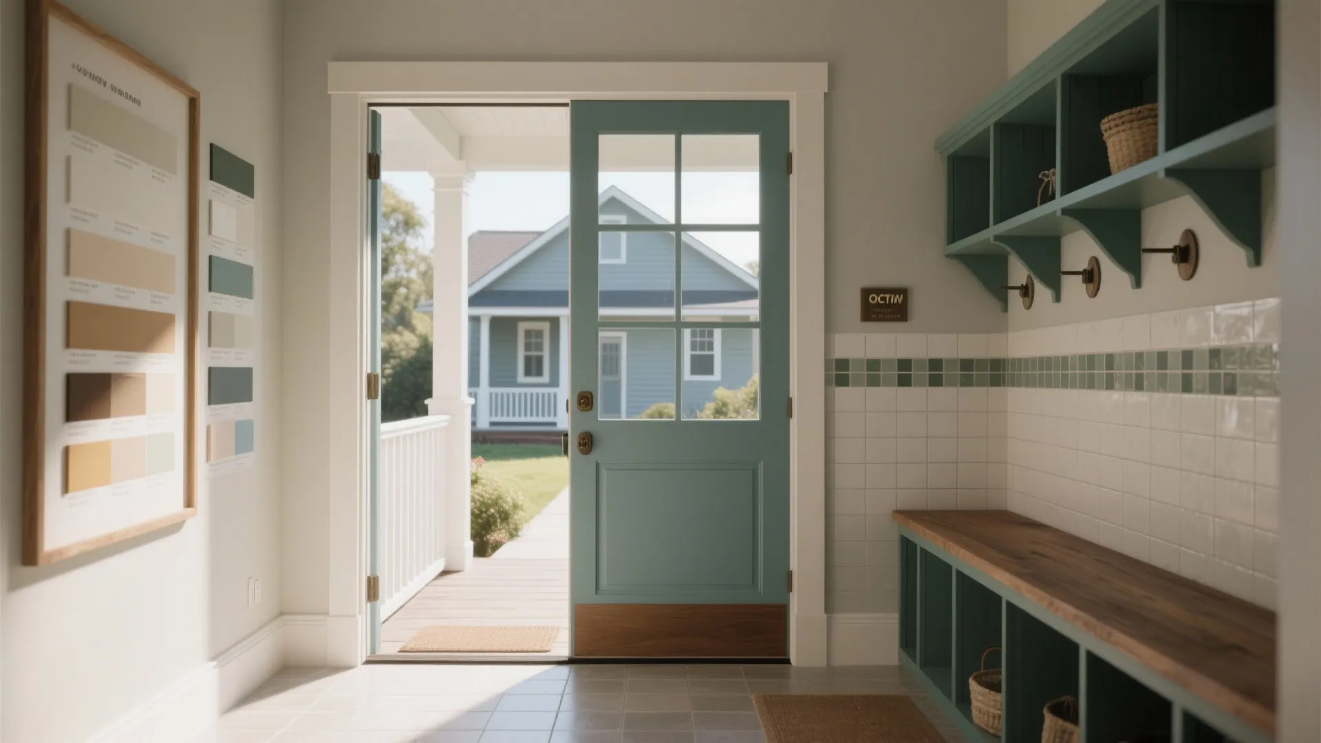 Entry interior showing exterior paint samples and coordinated tones visible through the door.