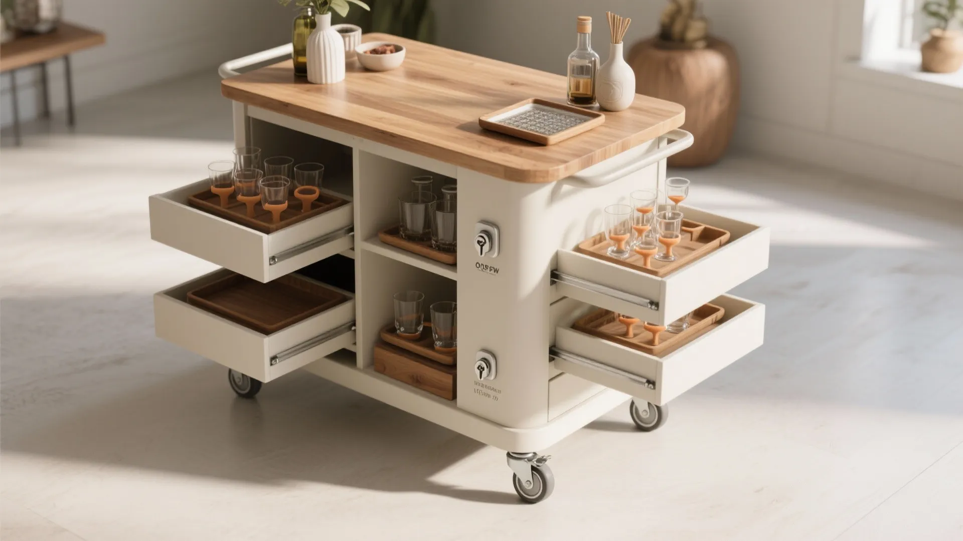 Top-down view of a convertible bar cart with locking casters and secure glassware holders.